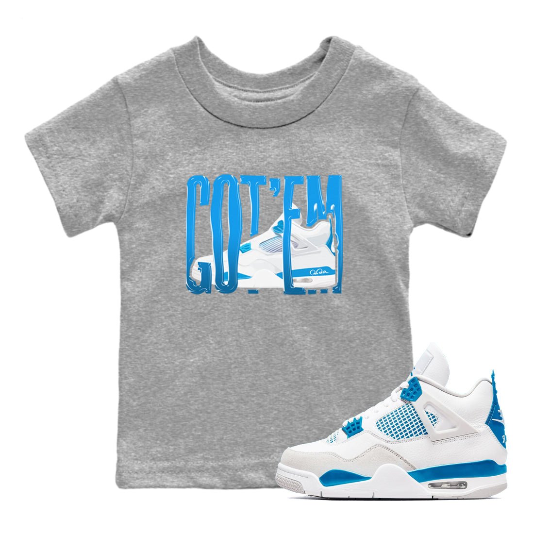 AJ4 Military Blue shirt to match jordans Wiggling Gotem sneaker tees Air Jordan 4 Military Blue SNRT sneaker release tees baby toddler Heather Grey 1 cotton Shirt