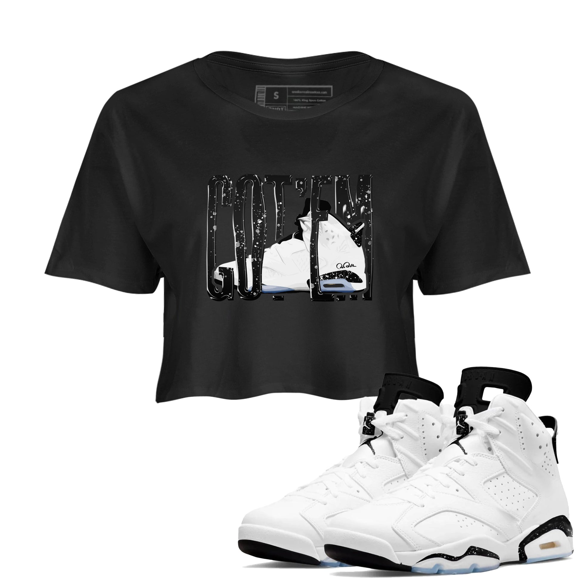 AJ6 White Black shirts to match jordans Wiggling Gotem sneaker match tees Air Jordan 6 White Black SNRT Sneaker Tees streetwear brand Black 1 crop tee