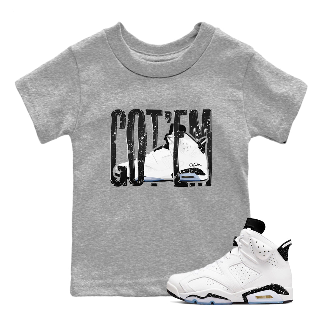 AJ6 White Black shirts to match jordans Wiggling Gotem sneaker match tees Air Jordan 6 White Black SNRT Sneaker Tees streetwear brand Baby and Youth Heather Grey 1 cotton tee