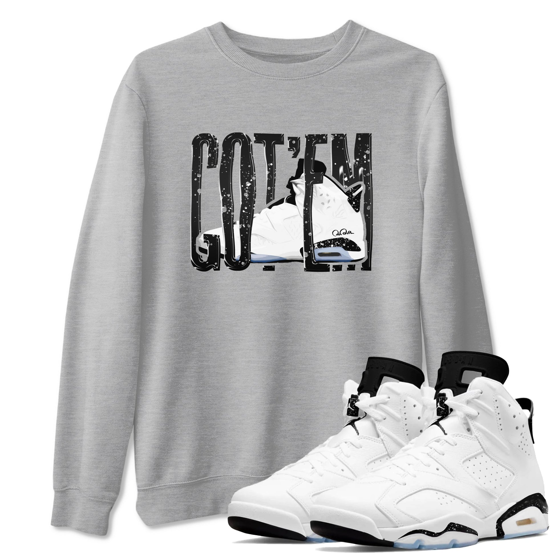AJ6 White Black shirts to match jordans Wiggling Gotem sneaker match tees Air Jordan 6 White Black SNRT Sneaker Tees streetwear brand Heather Grey 1 unisex cotton tee