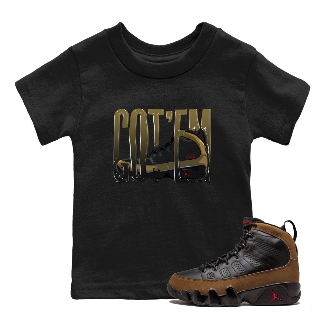 9s Olive shirts to match jordans Wiggling Gotem sneaker match tees Air Jordan 9 Olive match shoes to clothes SNRT Sneaker Tees Youth Baby Black 1 tee