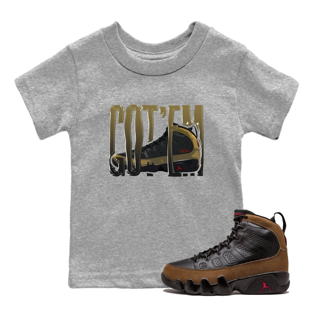 9s Olive shirts to match jordans Wiggling Gotem sneaker match tees Air Jordan 9 Olive match shoes to clothes SNRT Sneaker Tees Youth Baby Heather Grey 1 tee