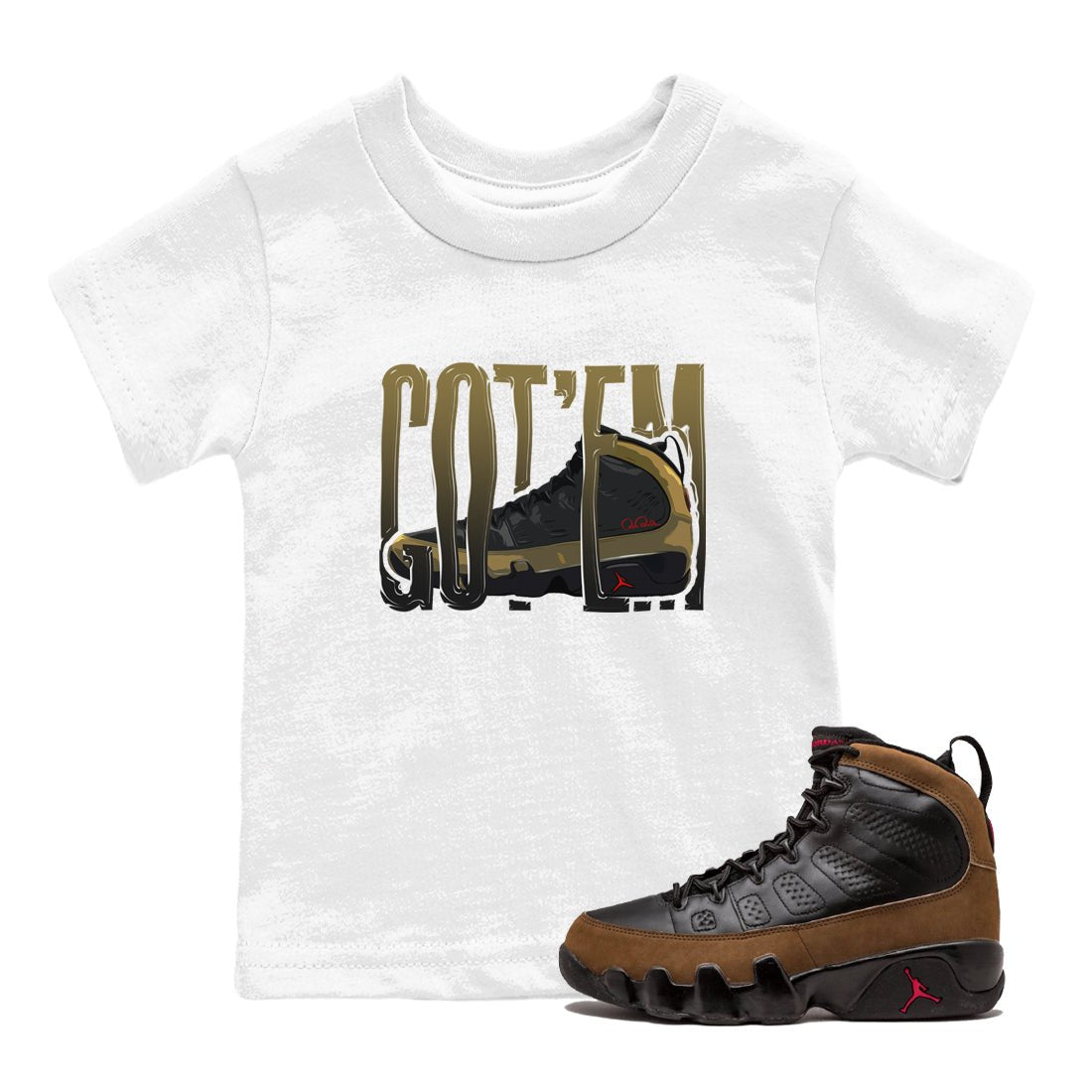 9s Olive shirts to match jordans Wiggling Gotem sneaker match tees Air Jordan 9 Olive match shoes to clothes SNRT Sneaker Tees Youth Baby White 1 tee