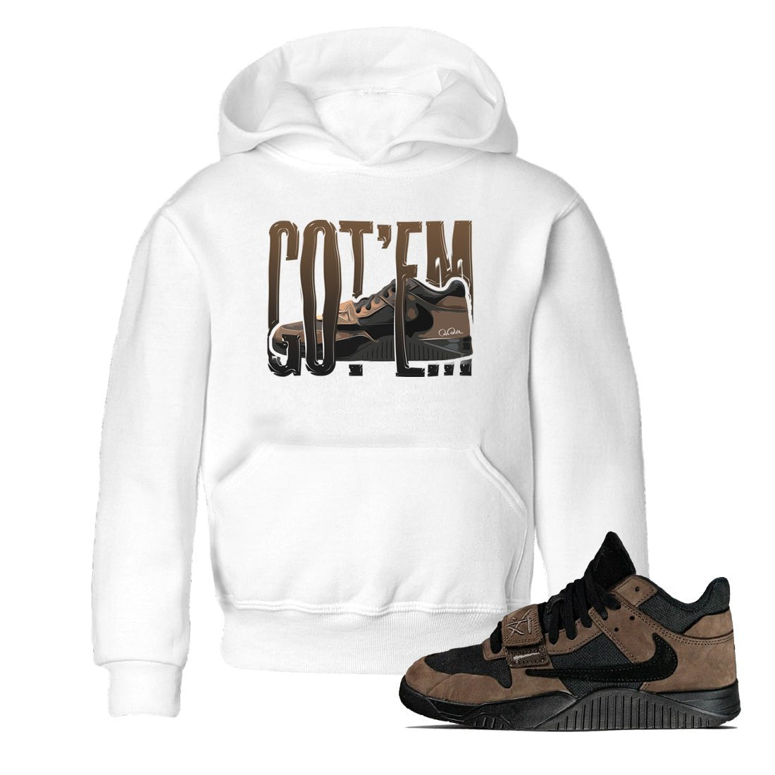 Jordan Jumpman Jack TR Travis Scott Dark Mocha shirts to match jordans Wiggling Gotem sneaker match tees Jordan Jumpman Jack Travis Scott Dark Mocha match shoes to clothes SNRT Sneaker Tees Youth Baby White 1 tee