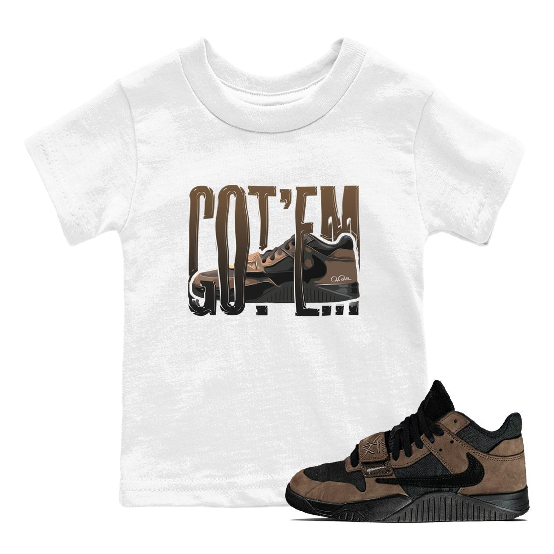 Jordan Jumpman Jack TR Travis Scott Dark Mocha shirts to match jordans Wiggling Gotem sneaker match tees Jordan Jumpman Jack Travis Scott Dark Mocha match shoes to clothes SNRT Sneaker Tees Youth Baby White 1 tee