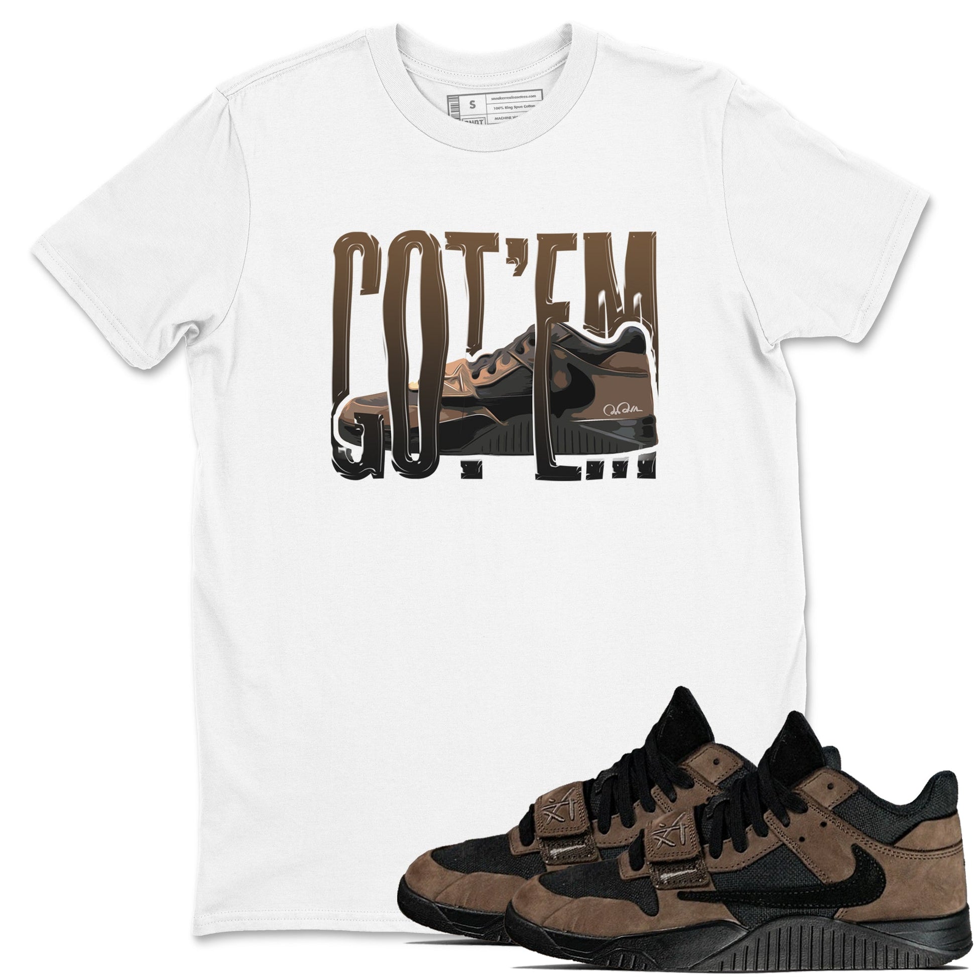 Jordan Jumpman Jack TR Travis Scott Dark Mocha shirts to match jordans Wiggling Gotem sneaker match tees Jordan Jumpman Jack Travis Scott Dark Mocha match shoes to clothes SNRT Sneaker Tees unisex cotton White 1 shirts