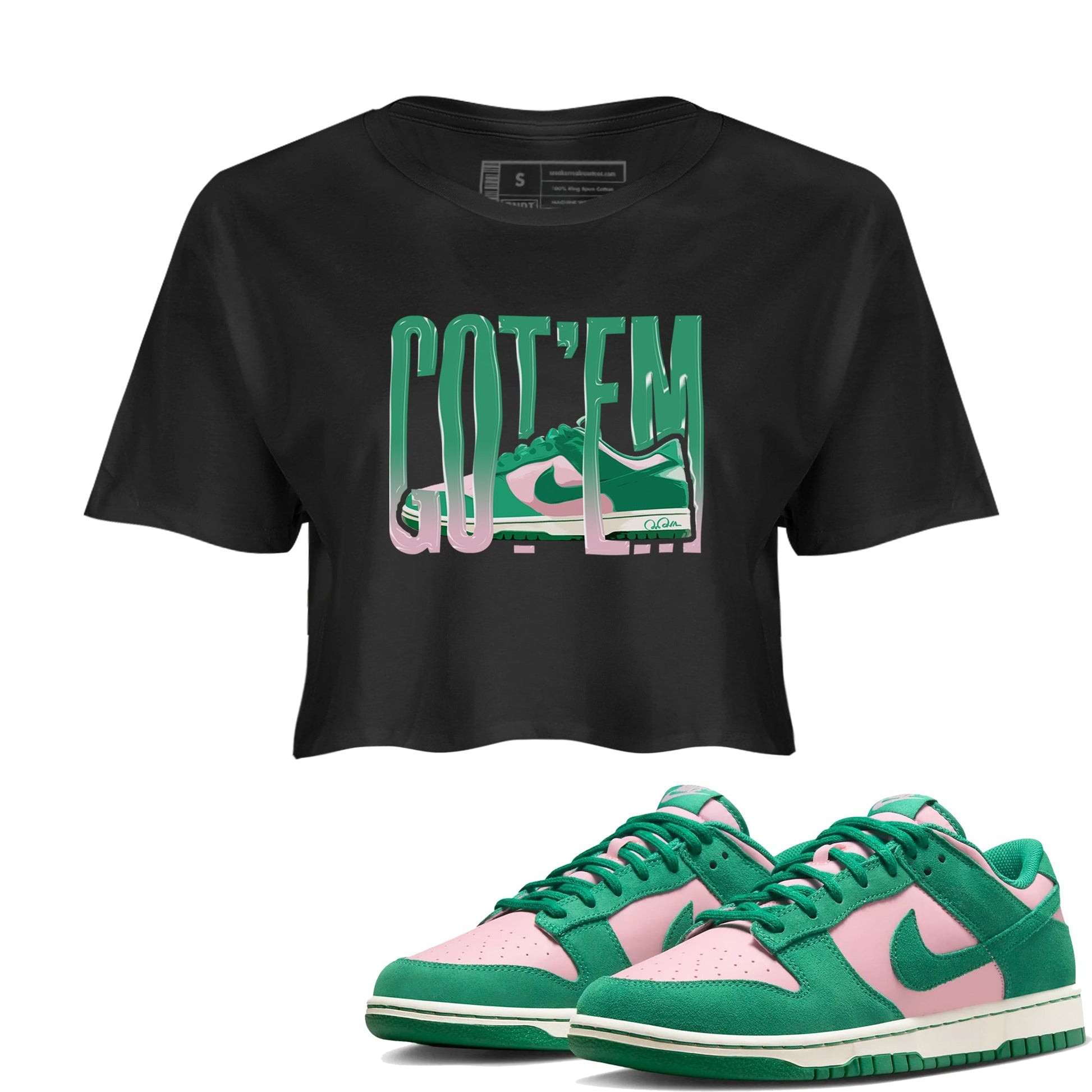 Dunk Low Medium Soft Pink Malachite shirt to match jordans Wiggling Gotem sneaker tees Dunk Medium Soft Pink Malachite SNRT Sneaker Release Tees Black 1 crop length shirt