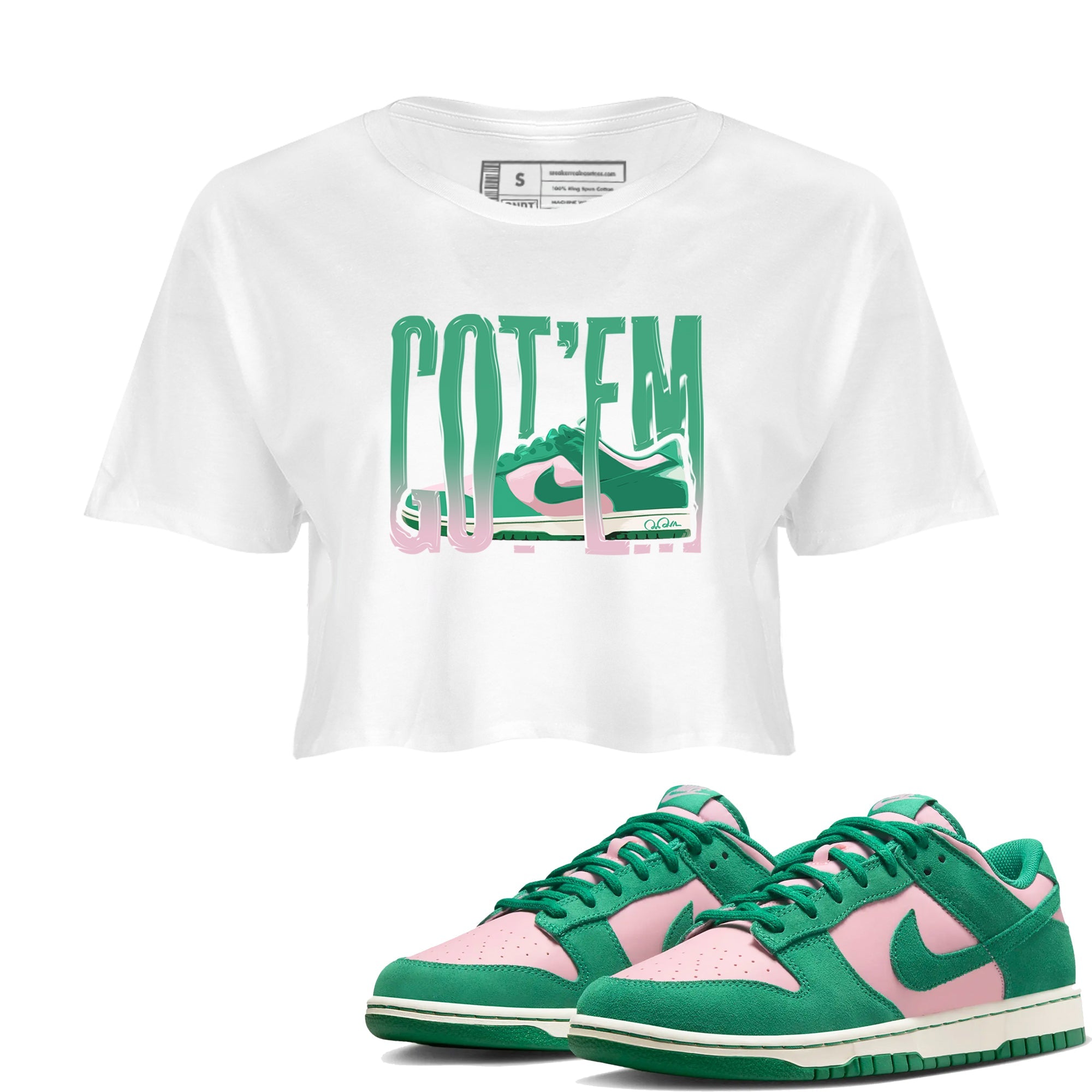 Dunk Low Medium Soft Pink Malachite shirt to match jordans Wiggling Gotem sneaker tees Dunk Medium Soft Pink Malachite SNRT Sneaker Release Tees White 1 crop length shirt