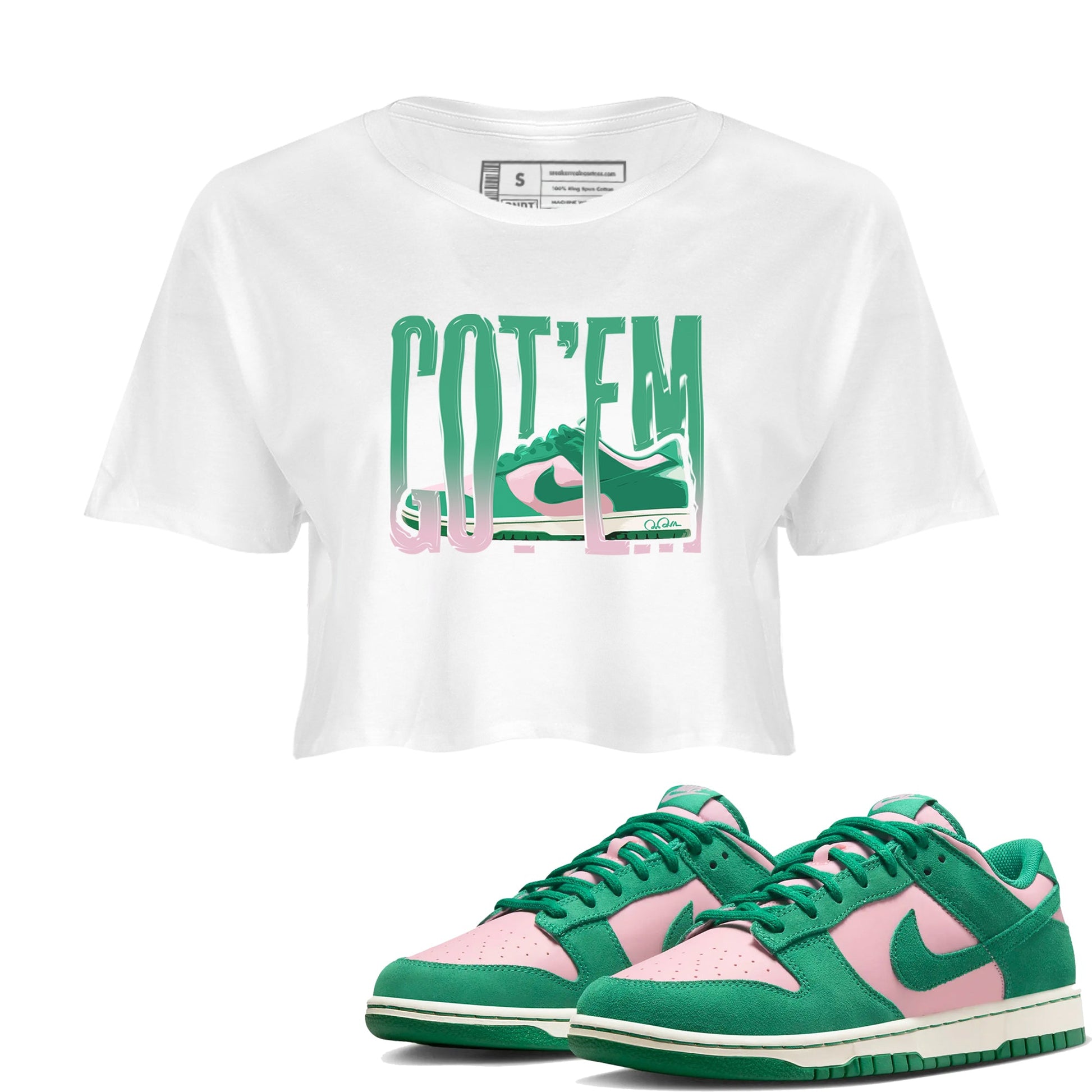 Dunk Low Medium Soft Pink Malachite shirt to match jordans Wiggling Gotem sneaker tees Dunk Medium Soft Pink Malachite SNRT Sneaker Release Tees White 1 crop length shirt
