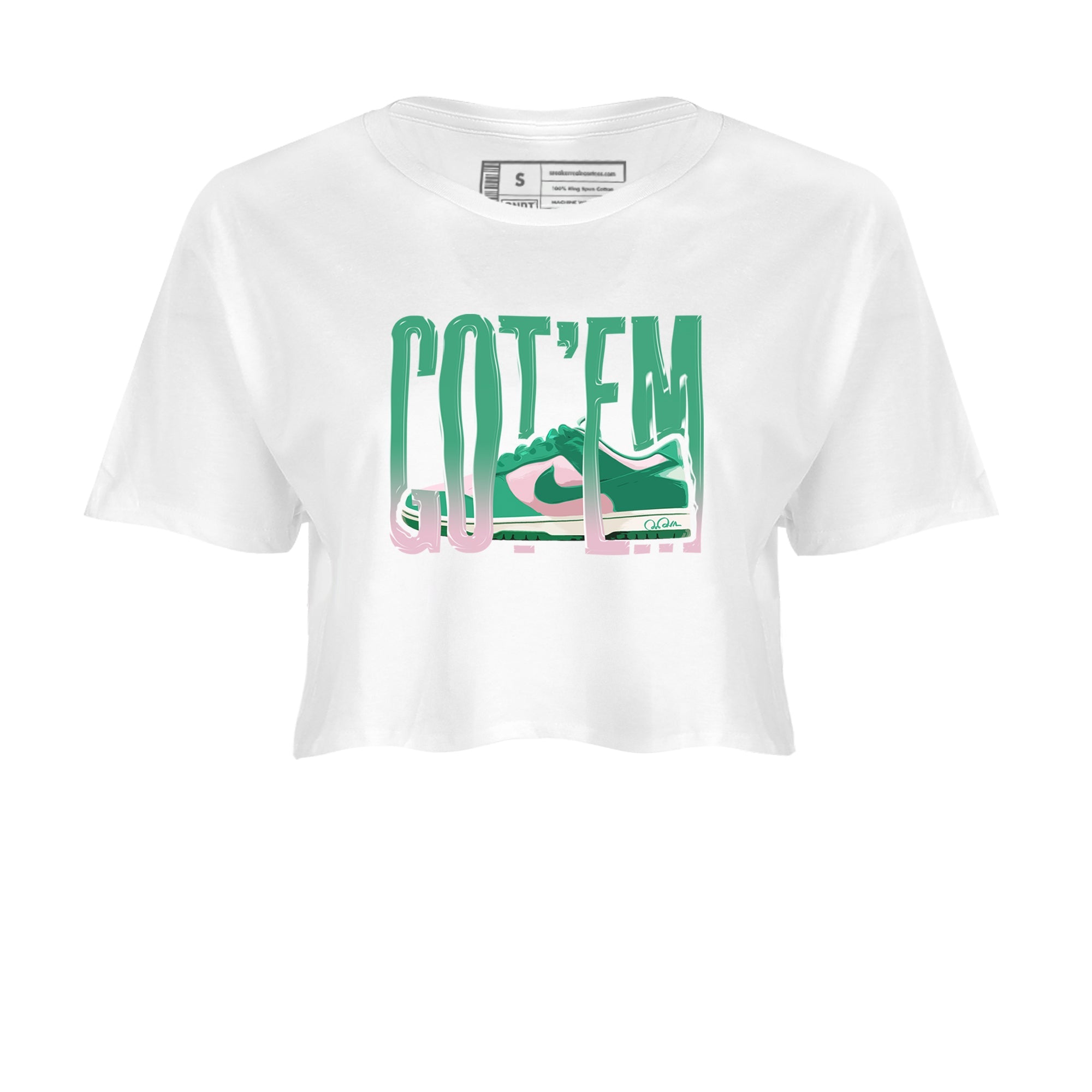 Dunk Low Medium Soft Pink Malachite shirt to match jordans Wiggling Gotem sneaker tees Dunk Medium Soft Pink Malachite SNRT Sneaker Release Tees White 2 crop length shirt