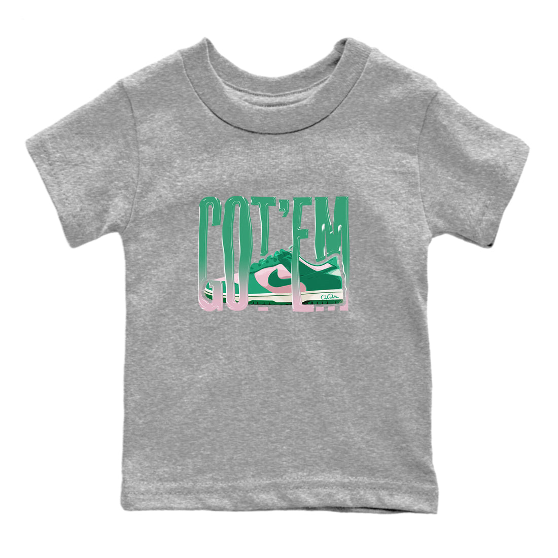 Dunk Low Medium Soft Pink Malachite shirt to match jordans Wiggling Gotem sneaker tees Dunk Medium Soft Pink Malachite SNRT sneaker release tees baby toddler Heather Grey 2 cotton Shirt