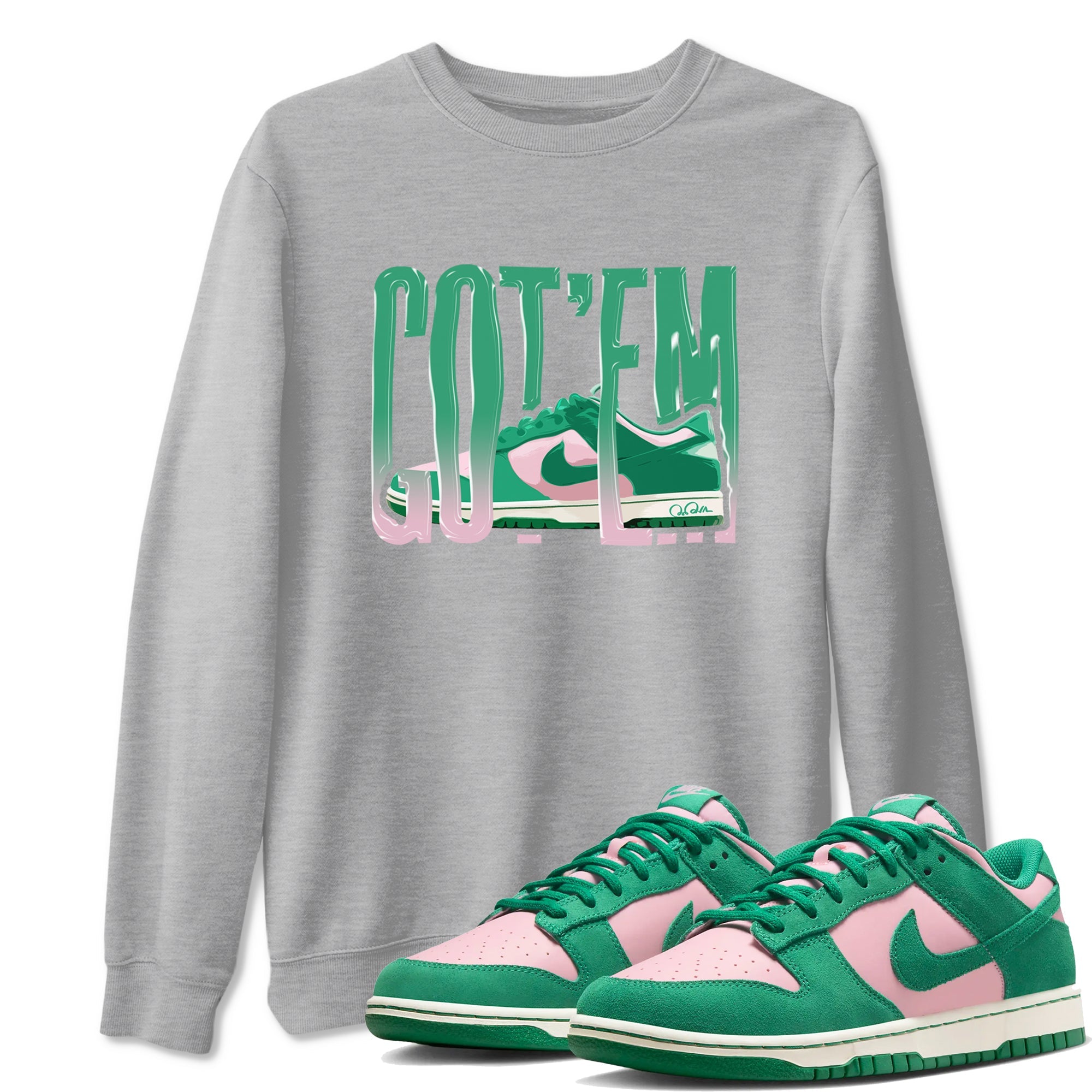 Dunk Low Medium Soft Pink Malachite shirt to match jordans Wiggling Gotem sneaker tees Dunk Medium Soft Pink Malachite SNRT Sneaker Release Tees unisex cotton Heather Grey 1 crew neck shirt