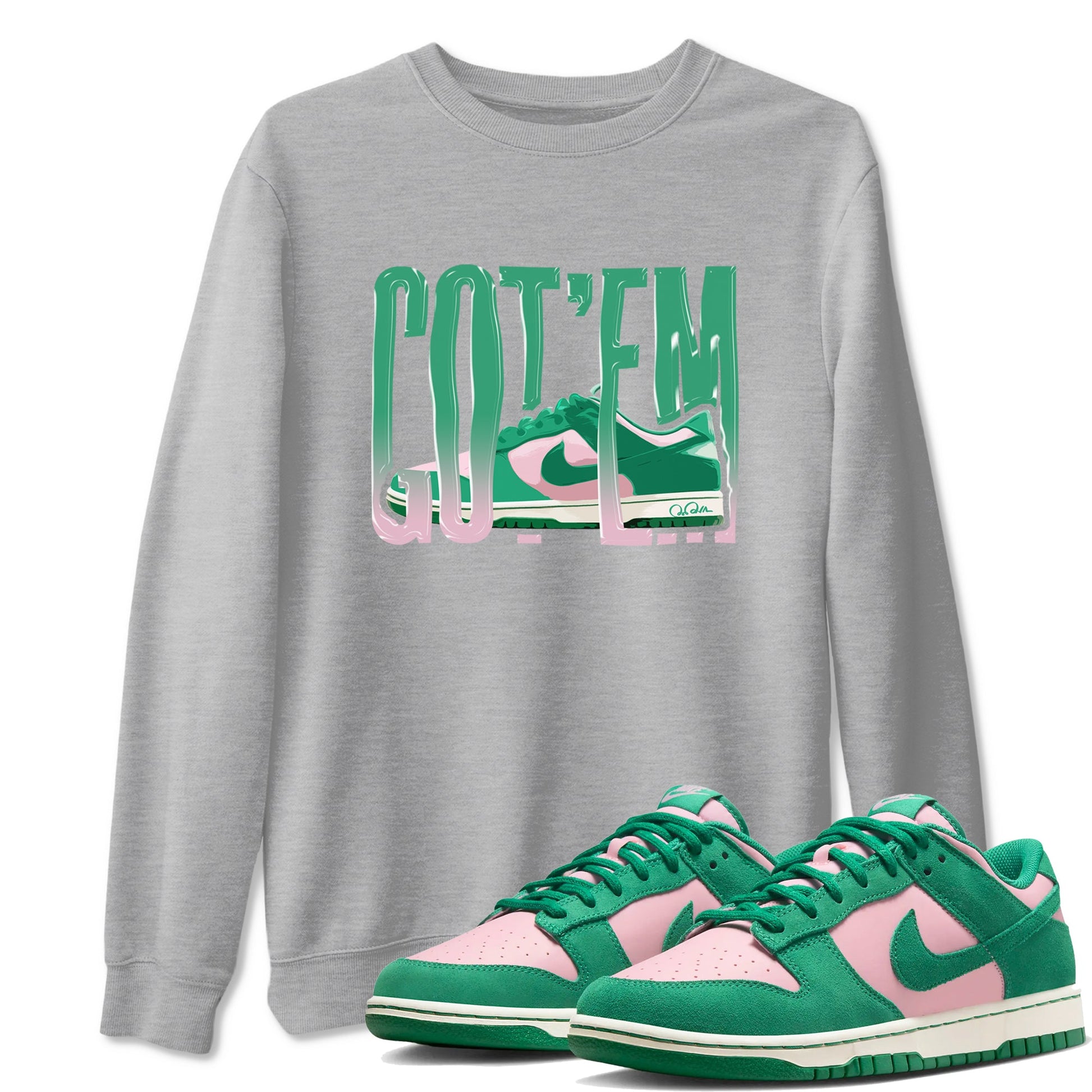 Dunk Low Medium Soft Pink Malachite shirt to match jordans Wiggling Gotem sneaker tees Dunk Medium Soft Pink Malachite SNRT Sneaker Release Tees unisex cotton Heather Grey 1 crew neck shirt