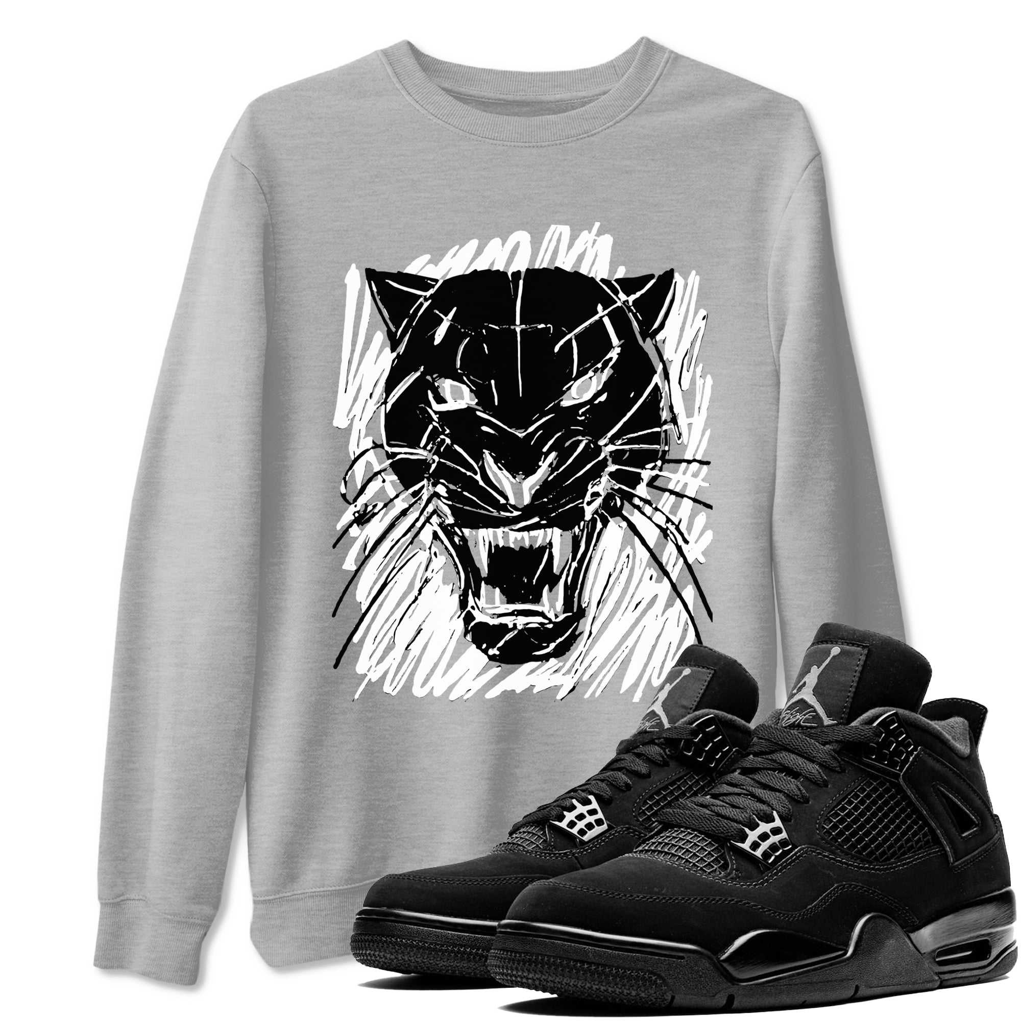 4s Black Cat shirts to match jordans Wild Cat Doodle sneaker match tees Air Jordan 4 Retro Black Cat match shoes to clothes SNRT Sneaker Tees unisex cotton Heather Grey 1 shirts