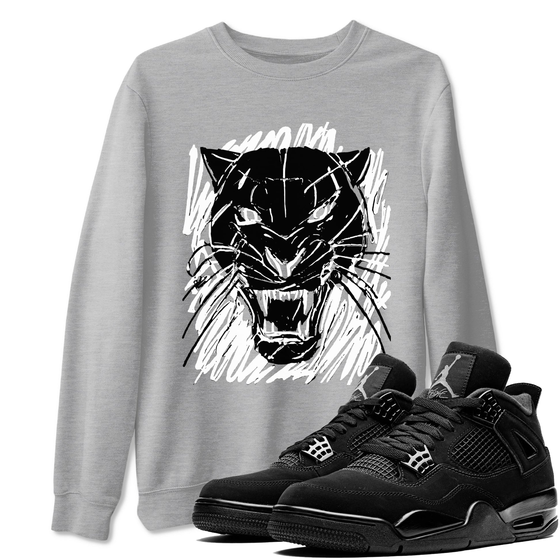 4s Black Cat shirts to match jordans Wild Cat Doodle sneaker match tees Air Jordan 4 Retro Black Cat match shoes to clothes SNRT Sneaker Tees unisex cotton Heather Grey 1 shirts