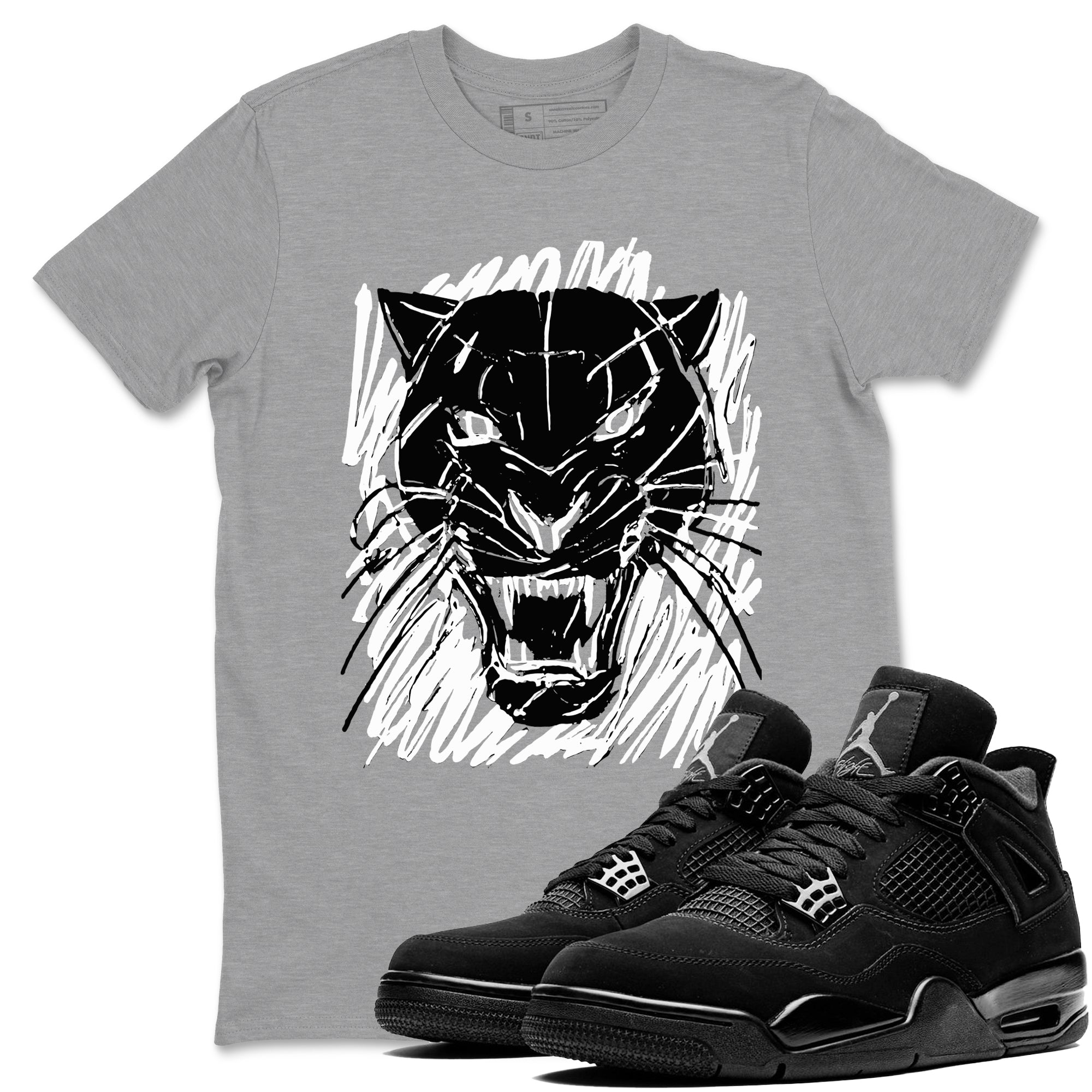 4s Black Cat shirts to match jordans Wild Cat Doodle sneaker match tees Air Jordan 4 Retro Black Cat match shoes to clothes SNRT Sneaker Tees unisex cotton Heather Grey 1 shirts