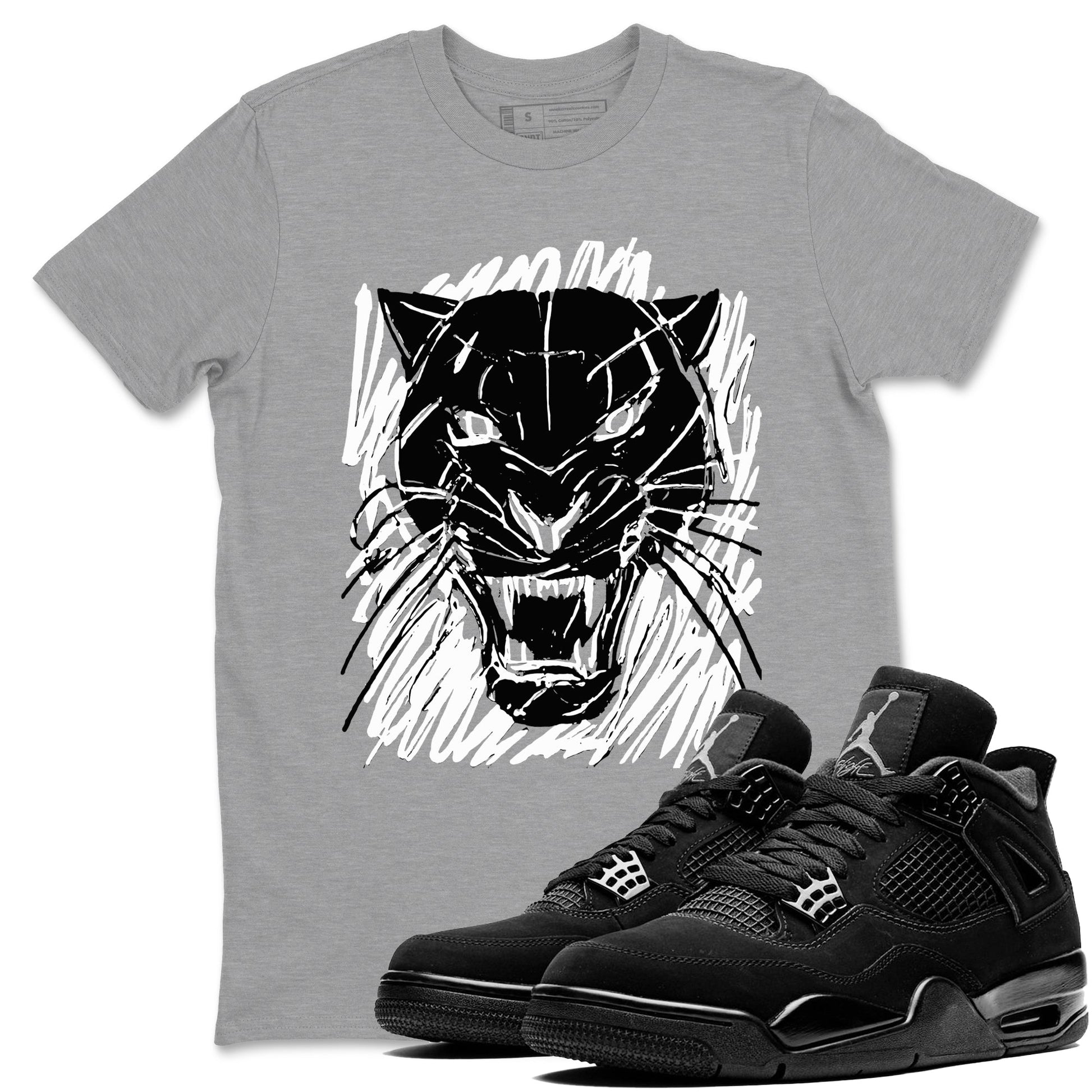 4s Black Cat shirts to match jordans Wild Cat Doodle sneaker match tees Air Jordan 4 Retro Black Cat match shoes to clothes SNRT Sneaker Tees unisex cotton Heather Grey 1 shirts