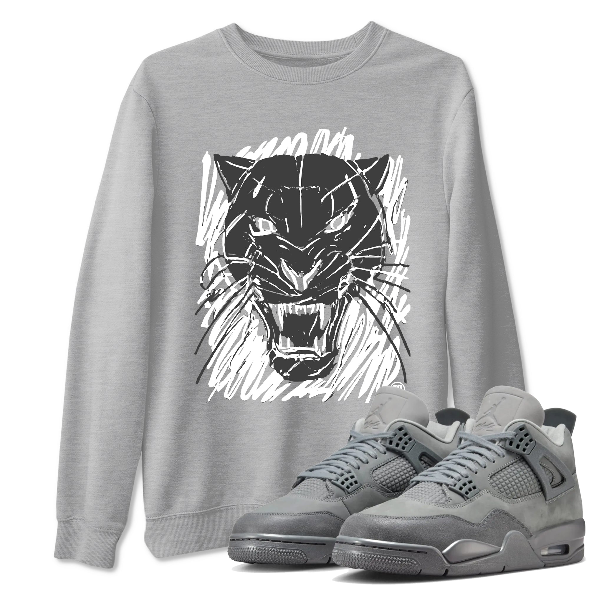 4s Wet Cement shirts to match jordans Wild Cat Doodle sneaker match tees Air Jordan 4 Retro Wet Cement match shoes to clothes SNRT Sneaker Tees unisex cotton Heather Grey 1 shirts