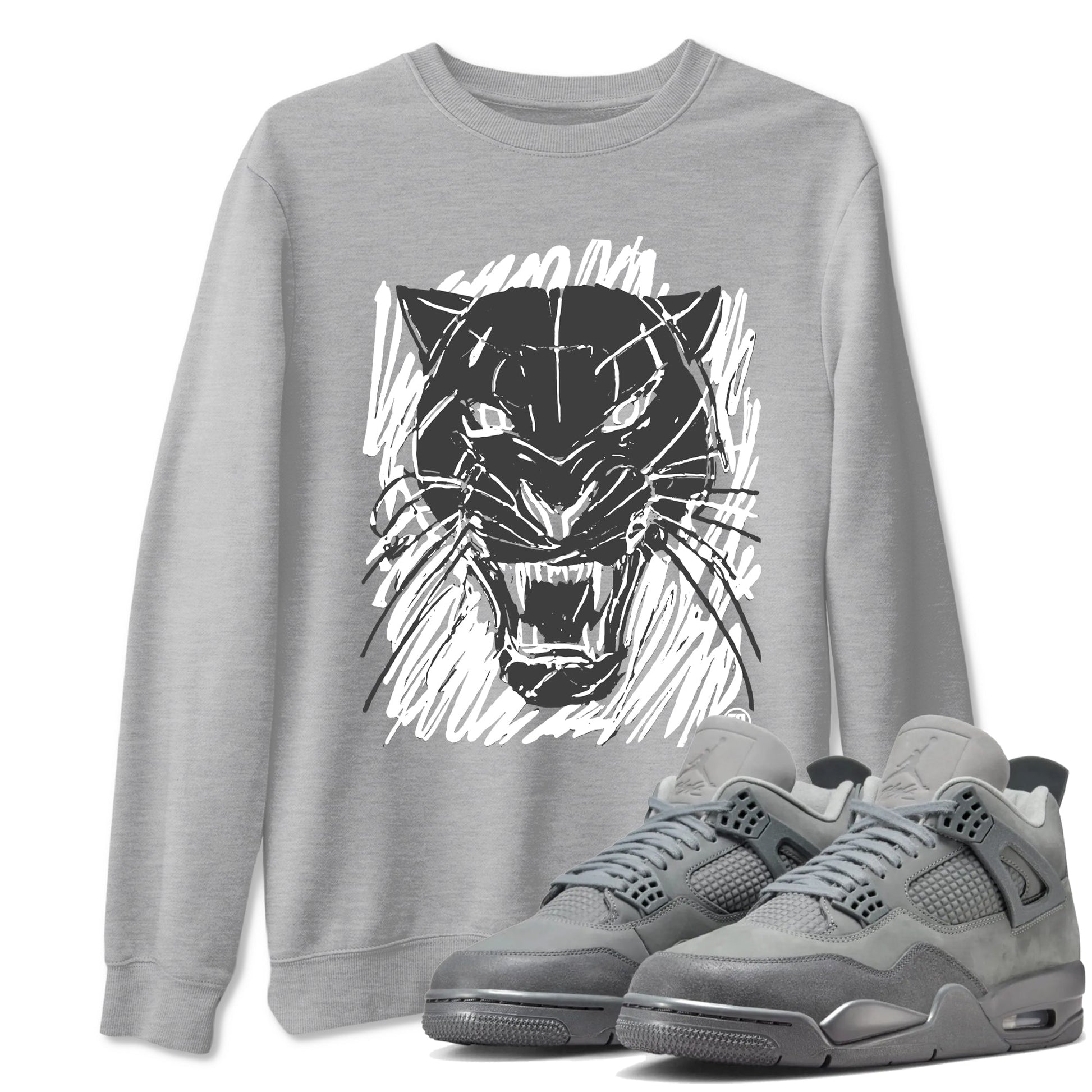 4s Wet Cement shirts to match jordans Wild Cat Doodle sneaker match tees Air Jordan 4 Retro Wet Cement match shoes to clothes SNRT Sneaker Tees unisex cotton Heather Grey 1 shirts