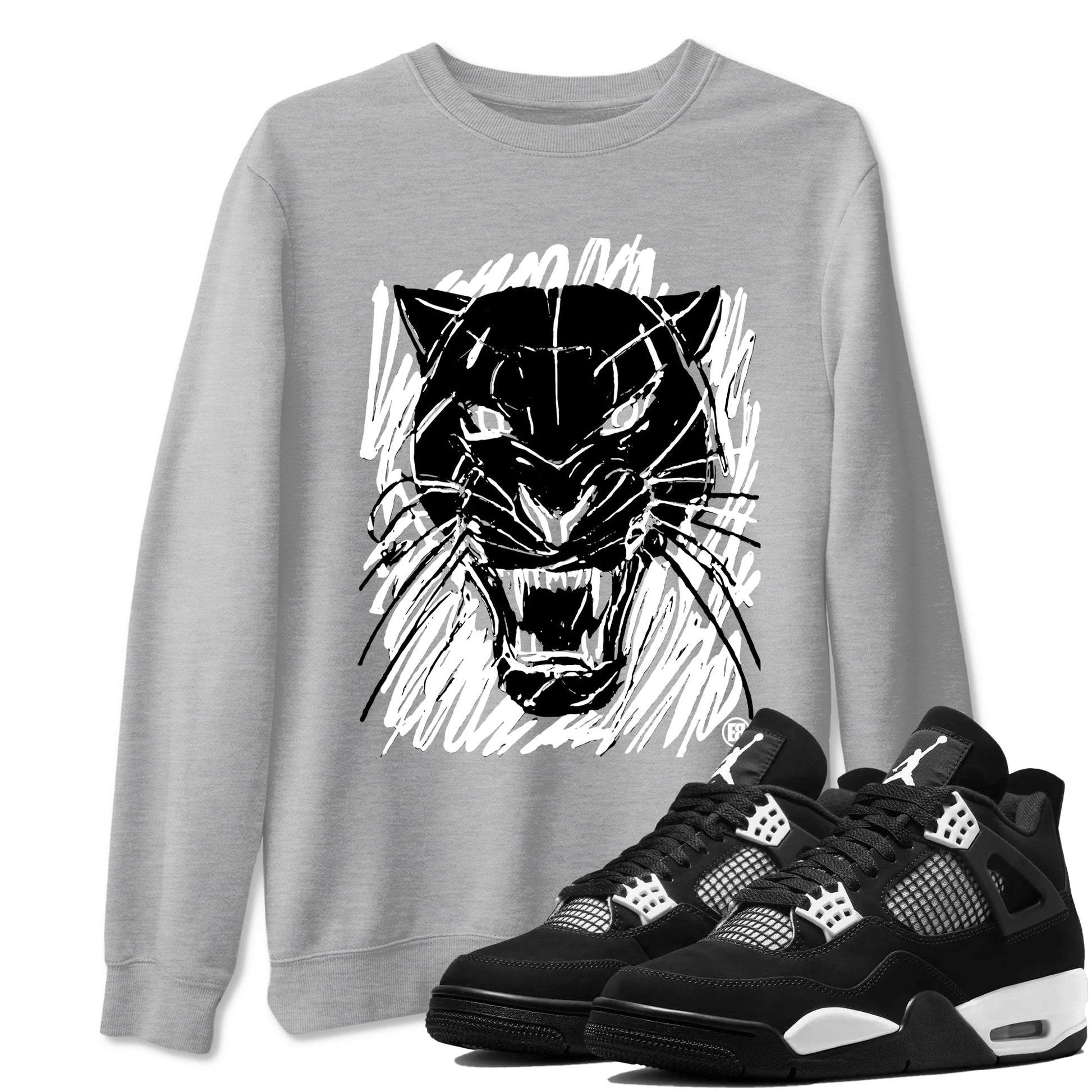 4s White Thunder shirts to match jordans Wild Cat Doodle sneaker match tees Air Jordan 4 Retro White Thunder match shoes to clothes SNRT Sneaker Tees unisex cotton Heather Grey 1 shirts