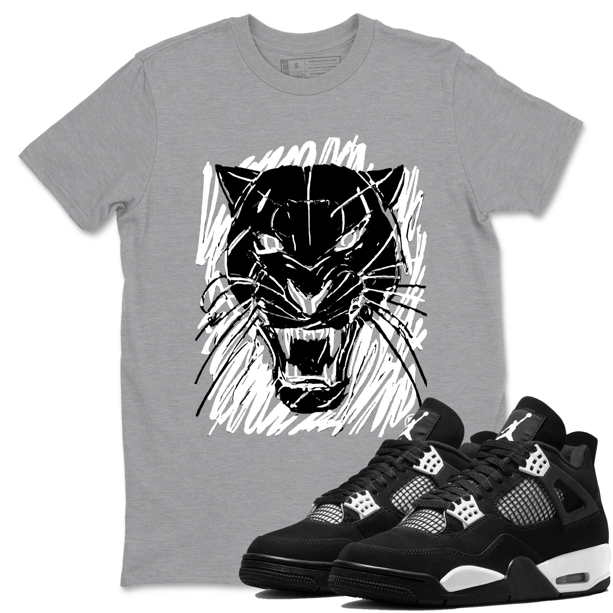 4s White Thunder shirts to match jordans Wild Cat Doodle sneaker match tees Air Jordan 4 Retro White Thunder match shoes to clothes SNRT Sneaker Tees unisex cotton Heather Grey 1 shirts