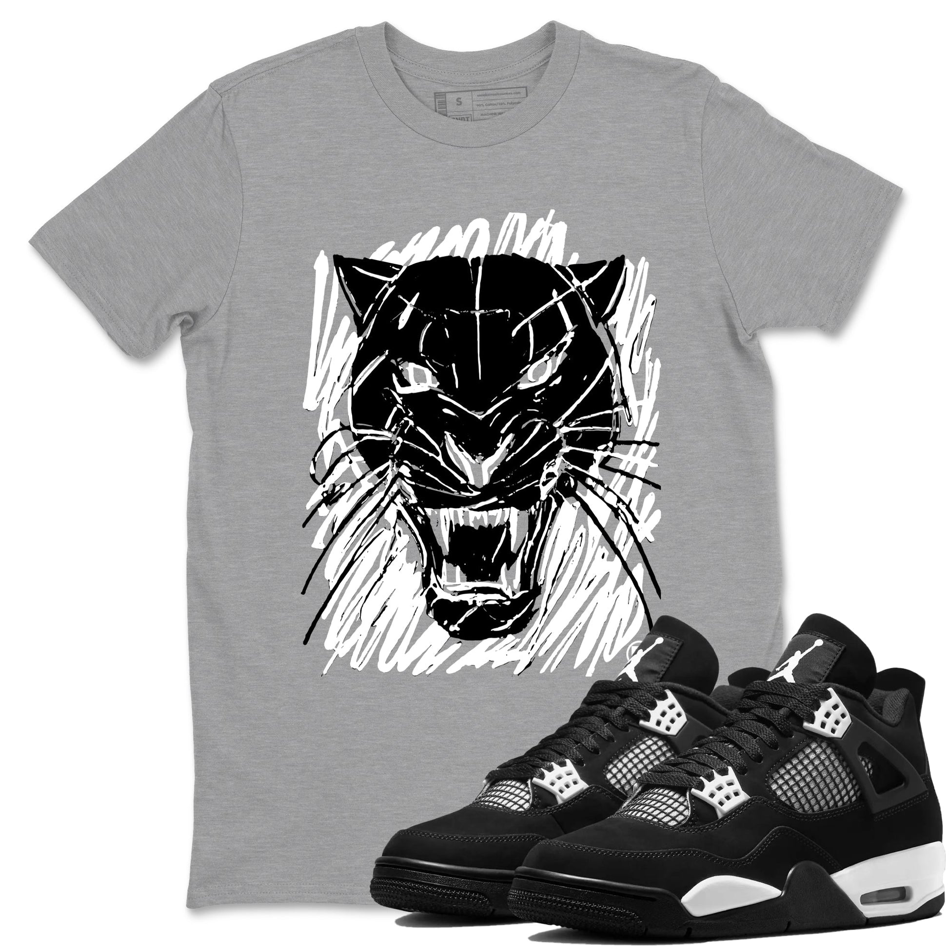 4s White Thunder shirts to match jordans Wild Cat Doodle sneaker match tees Air Jordan 4 Retro White Thunder match shoes to clothes SNRT Sneaker Tees unisex cotton Heather Grey 1 shirts