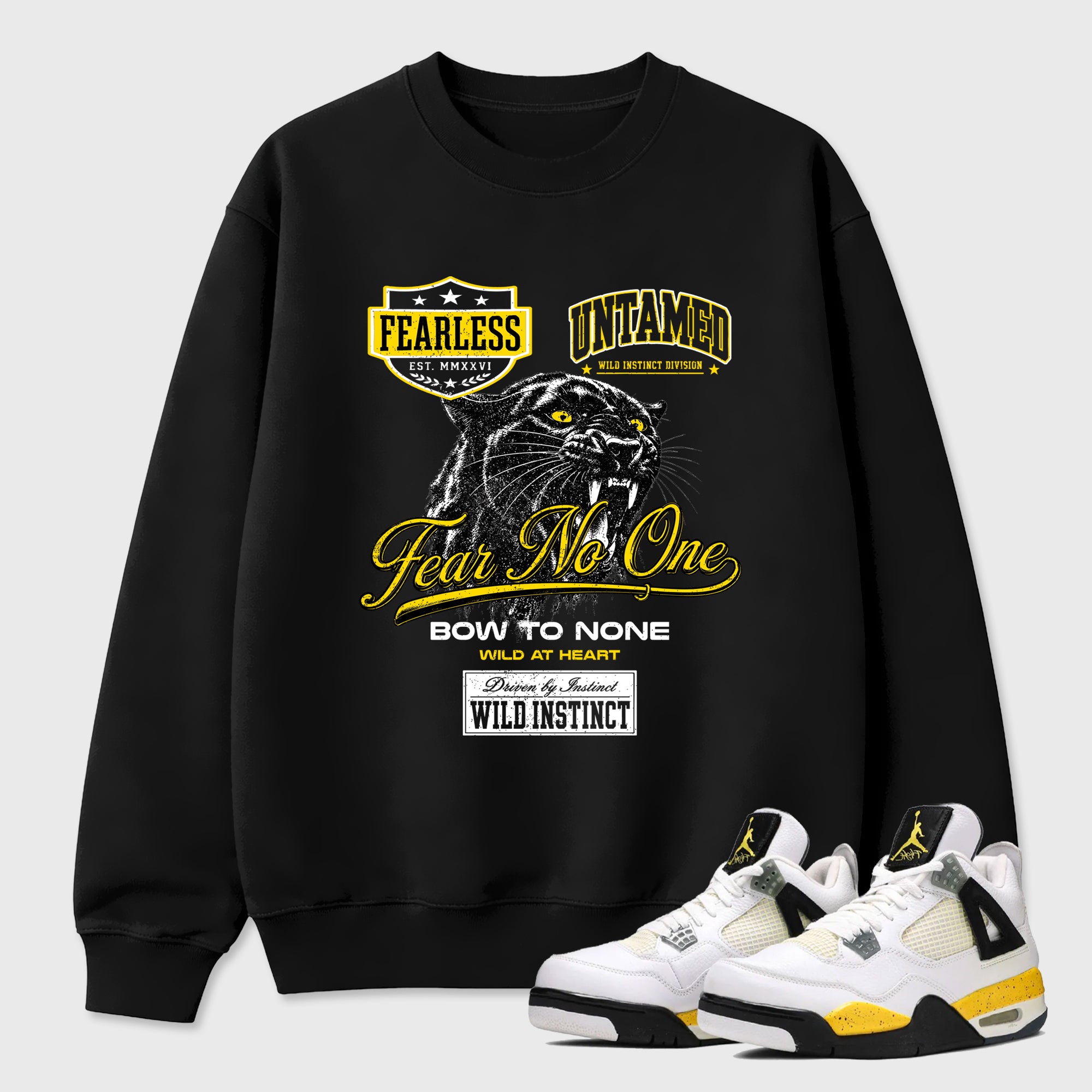 Wild Instinct Graphic T-Shirt featuring original streetwear artwork designed to match the Air Jordan 4 Tour Yellow. Black 1 Graphic Tee.
