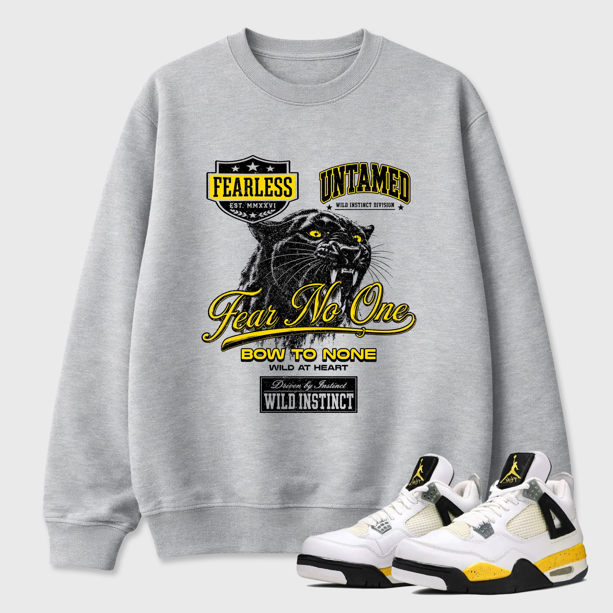 Wild Instinct Graphic T-Shirt featuring original streetwear artwork designed to match the Air Jordan 4 Tour Yellow. Heather Grey 1 Graphic Tee.