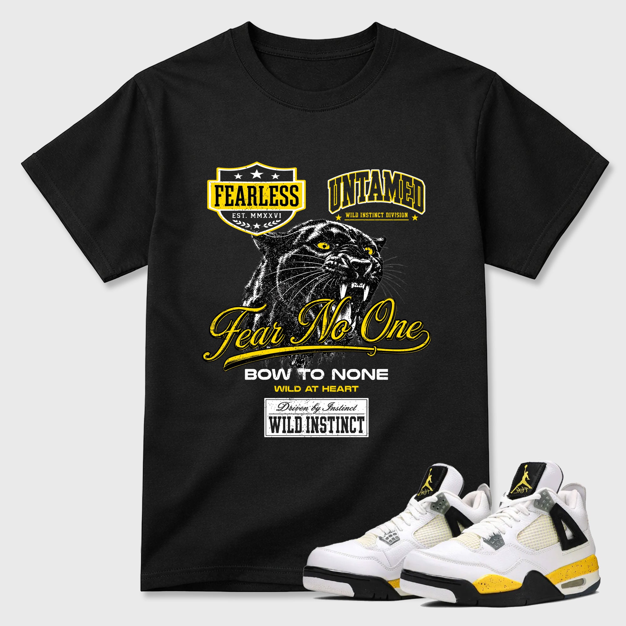 Wild Instinct Graphic T-Shirt featuring original streetwear artwork designed to match the Air Jordan 4 Tour Yellow. Black 1 Graphic T-Shirt.
