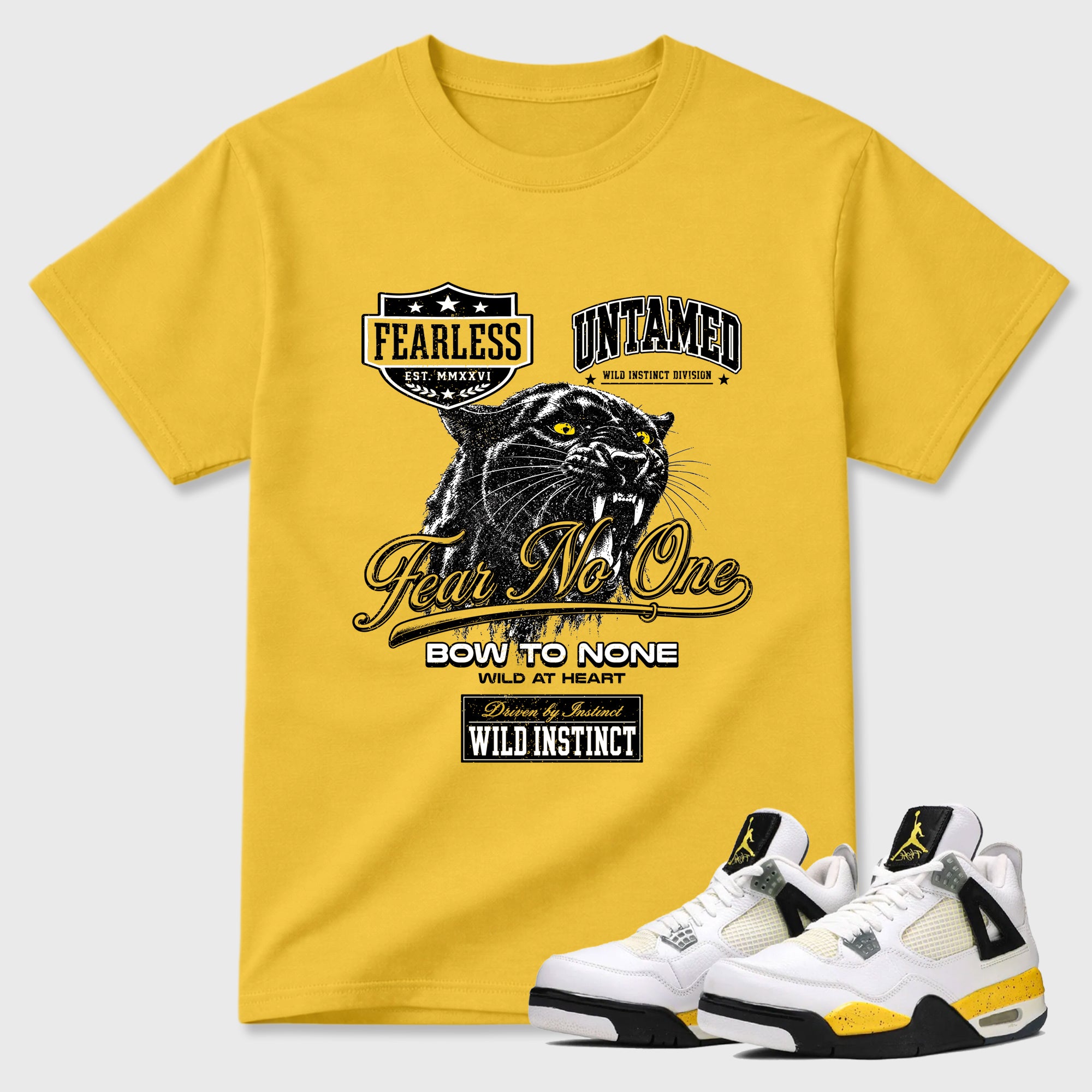 Wild Instinct Graphic T-Shirt featuring original streetwear artwork designed to match the Air Jordan 4 Tour Yellow. Daisy 1 Graphic T-Shirt.