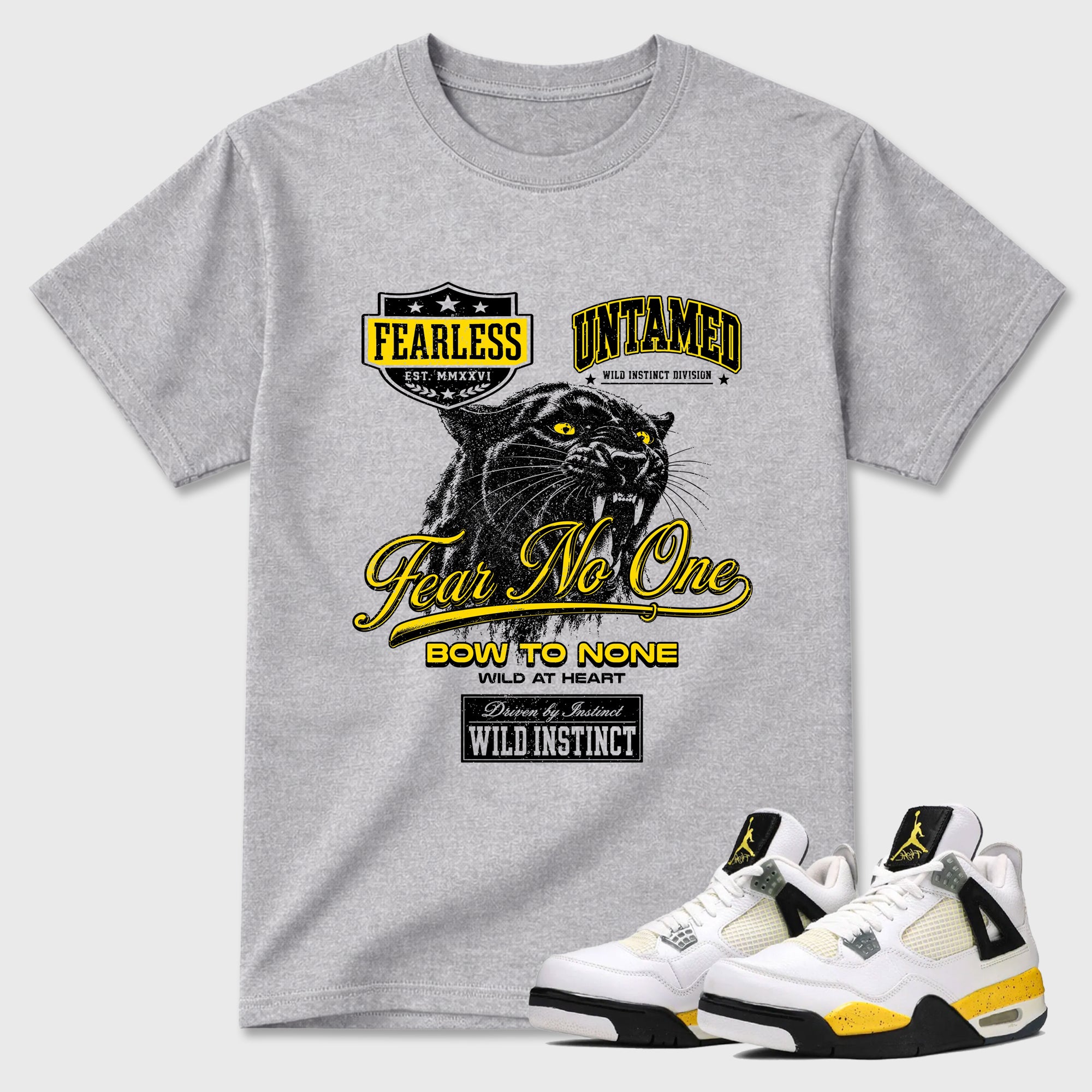 Wild Instinct Graphic T-Shirt featuring original streetwear artwork designed to match the Air Jordan 4 Tour Yellow. Heather Grey 1 Graphic T-Shirt.