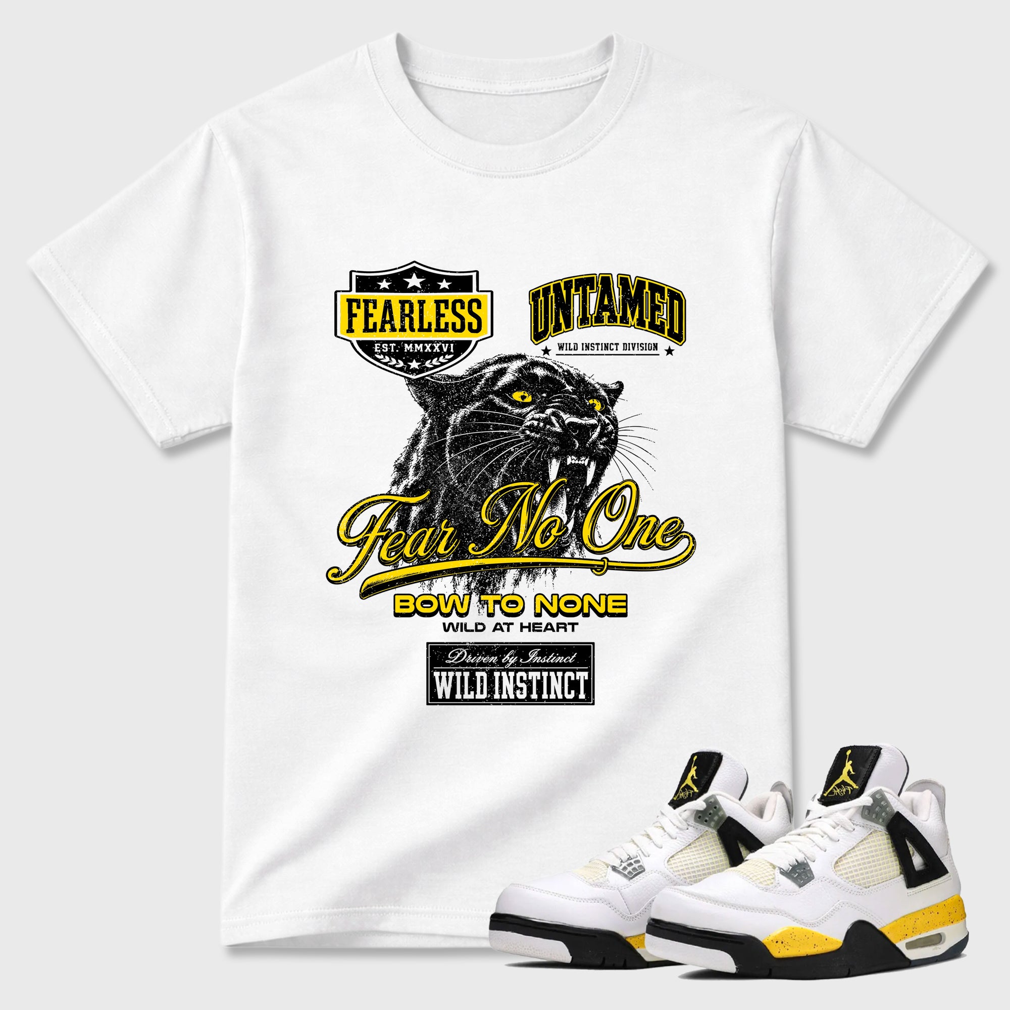 Wild Instinct Graphic T-Shirt featuring original streetwear artwork designed to match the Air Jordan 4 Tour Yellow. White 1 Graphic T-Shirt.