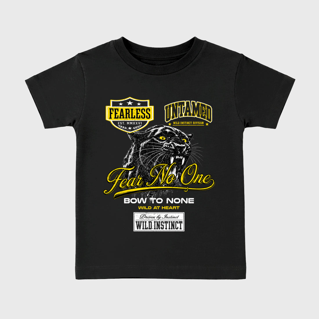 Wild Instinct Baby & Kids Graphic T-Shirt featuring original artwork designed to match the Air Jordan 4 Tour Yellow. Black 2 Kids Graphic Tee.