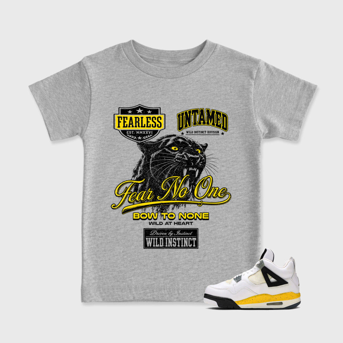 Wild Instinct Baby & Kids Graphic T-Shirt featuring original artwork designed to match the Air Jordan 4 Tour Yellow. Heather Grey 1 Kids Graphic Tee.