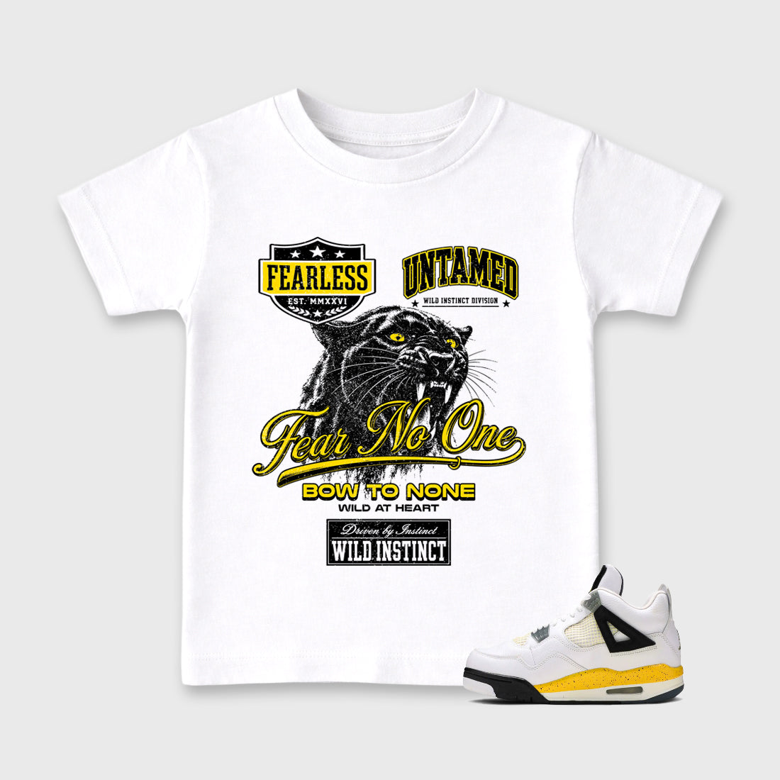 Wild Instinct Baby & Kids Graphic T-Shirt featuring original artwork designed to match the Air Jordan 4 Tour Yellow. White 1 Kids Graphic Tee.