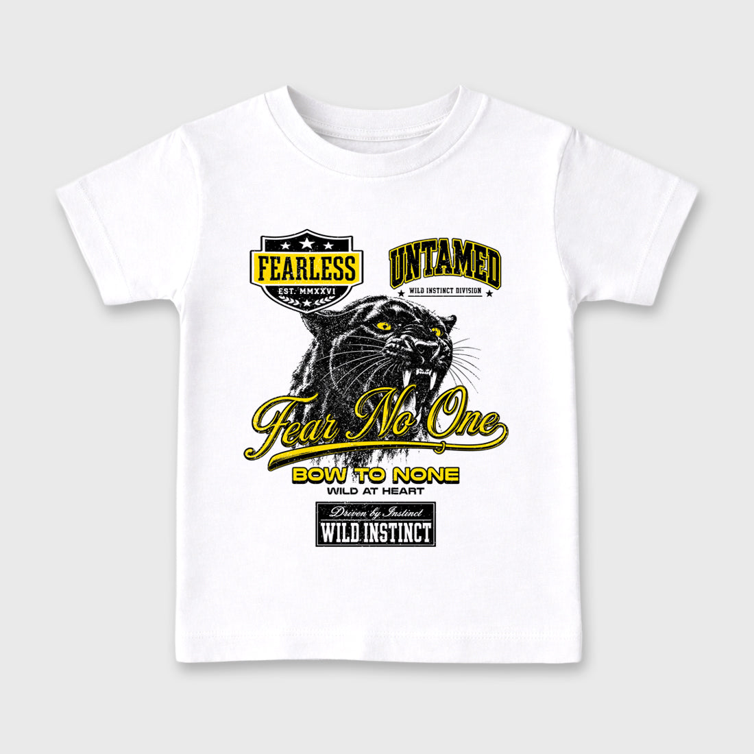 Wild Instinct Baby & Kids Graphic T-Shirt featuring original artwork designed to match the Air Jordan 4 Tour Yellow. White 2 Kids Graphic Tee.