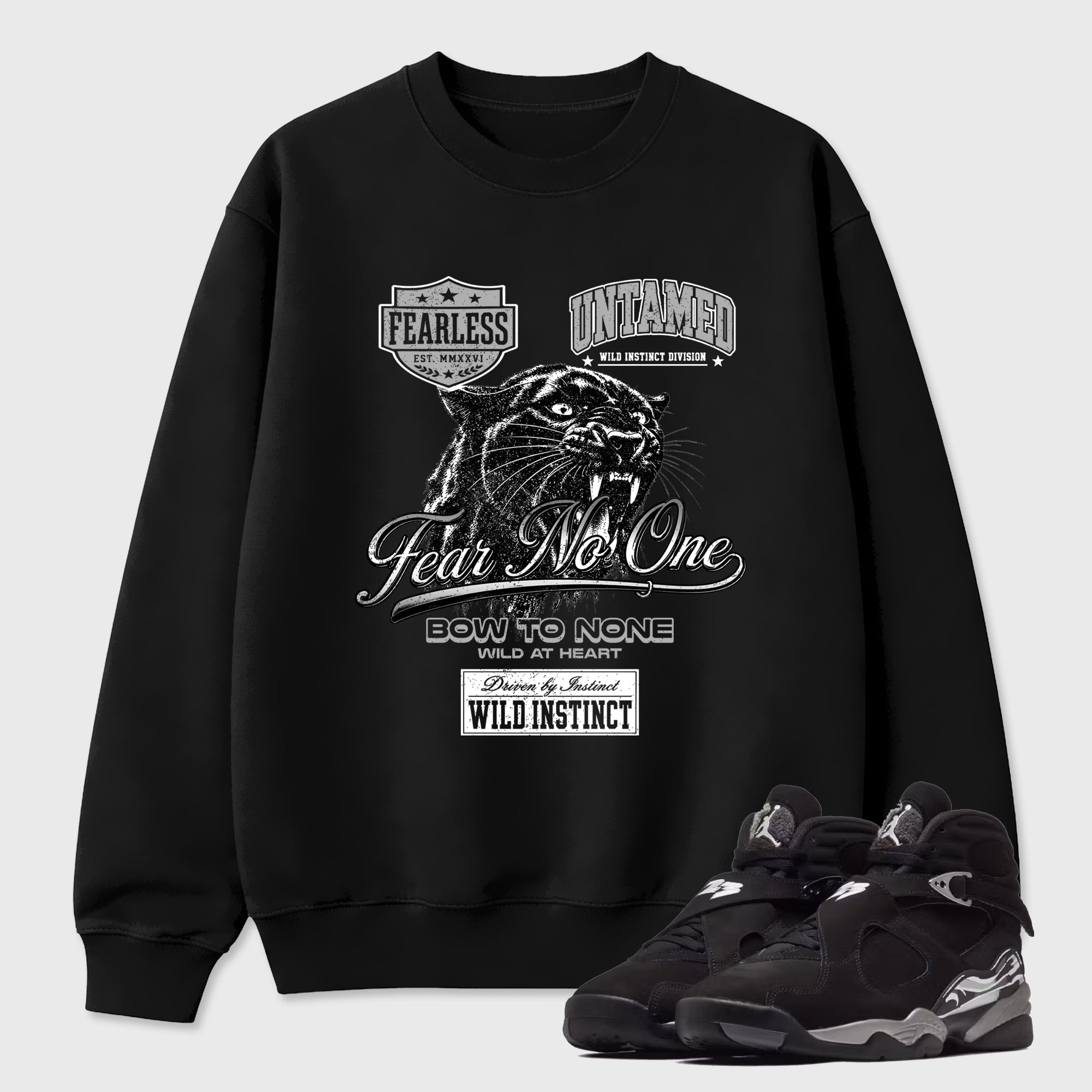 Wild Instinct Graphic T-Shirt featuring original streetwear artwork designed to match the Air Jordan 8 Chrome. Black 1 Graphic Tee.