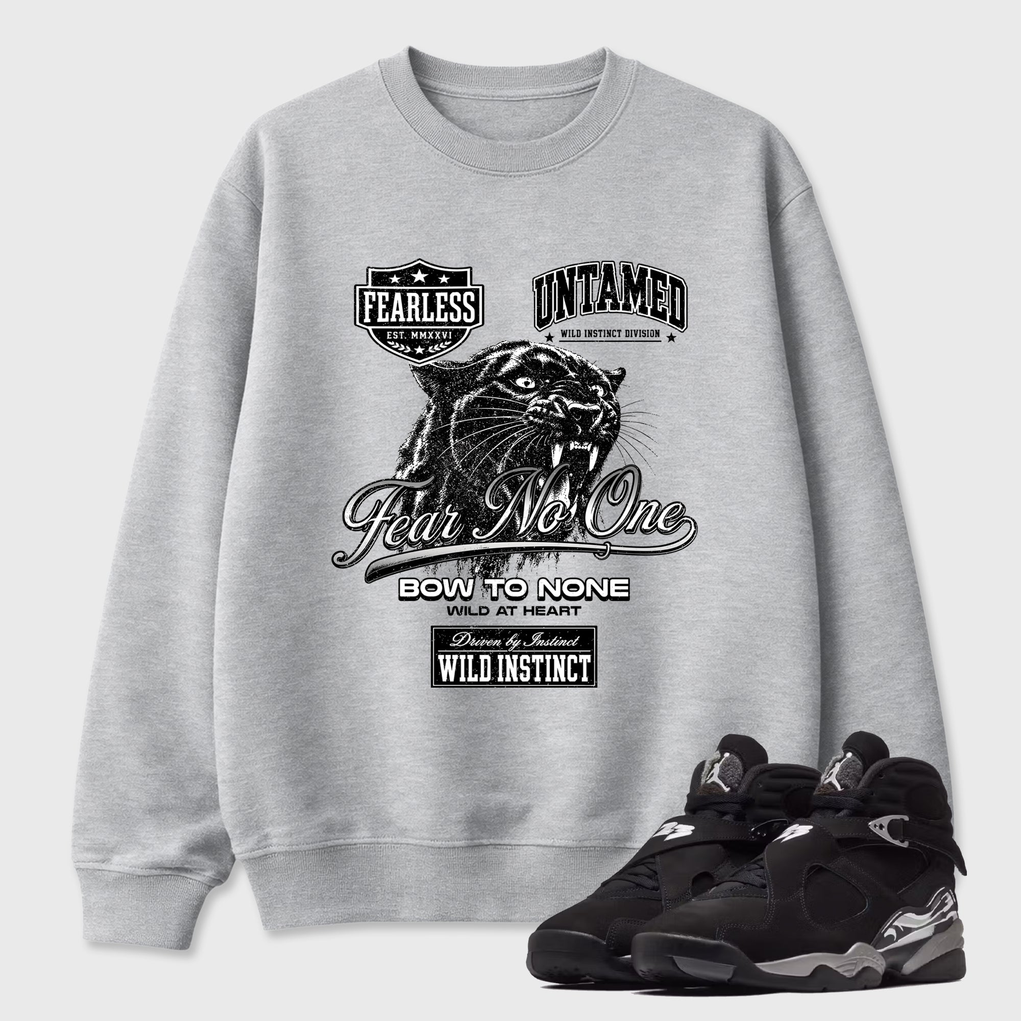 Wild Instinct Graphic T-Shirt featuring original streetwear artwork designed to match the Air Jordan 8 Chrome. Heather Grey 1 Graphic Tee.