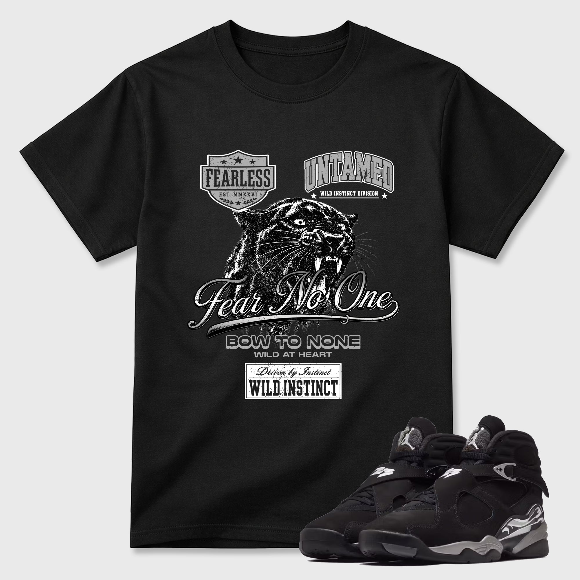Wild Instinct Graphic T-Shirt featuring original streetwear artwork designed to match the Air Jordan 8 Chrome. Black 1 Graphic T-Shirt.