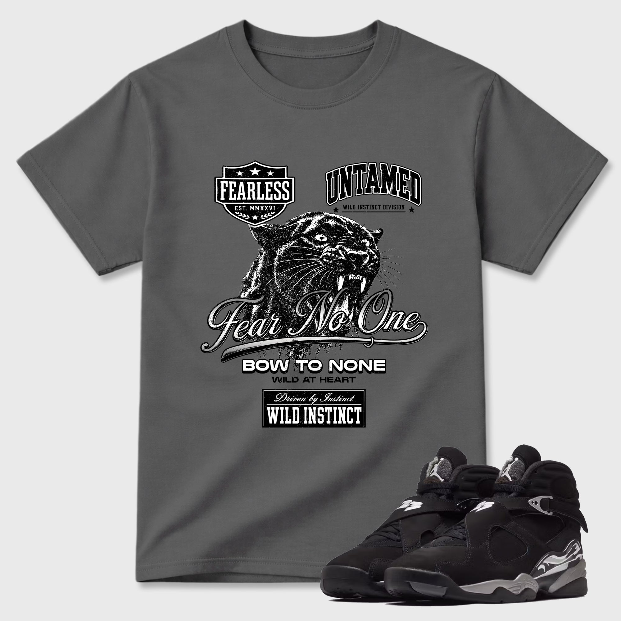 Wild Instinct Graphic T-Shirt featuring original streetwear artwork designed to match the Air Jordan 8 Chrome. Cool Grey 1 Graphic T-Shirt.