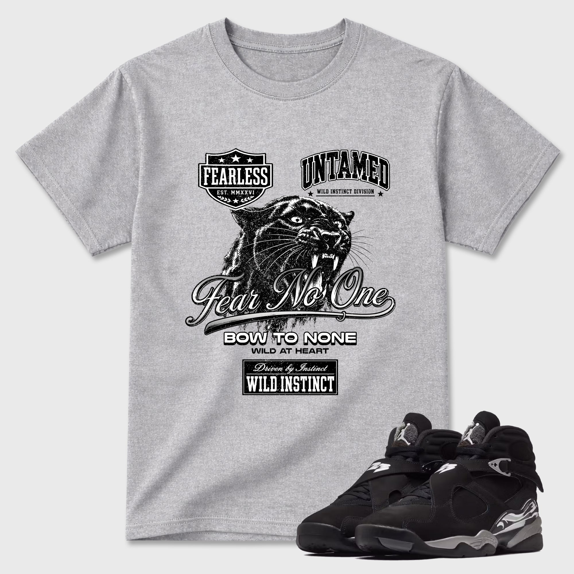 Wild Instinct Graphic T-Shirt featuring original streetwear artwork designed to match the Air Jordan 8 Chrome. Heather Grey 1 Graphic T-Shirt.
