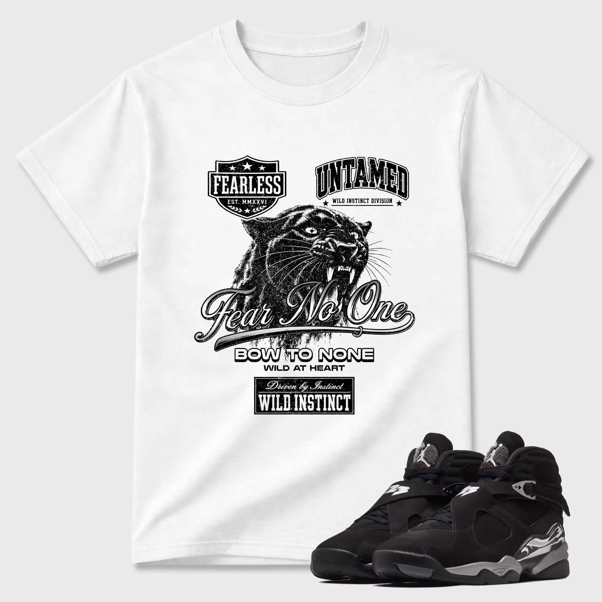 Wild Instinct Graphic T-Shirt featuring original streetwear artwork designed to match the Air Jordan 8 Chrome. White 1 Graphic T-Shirt.