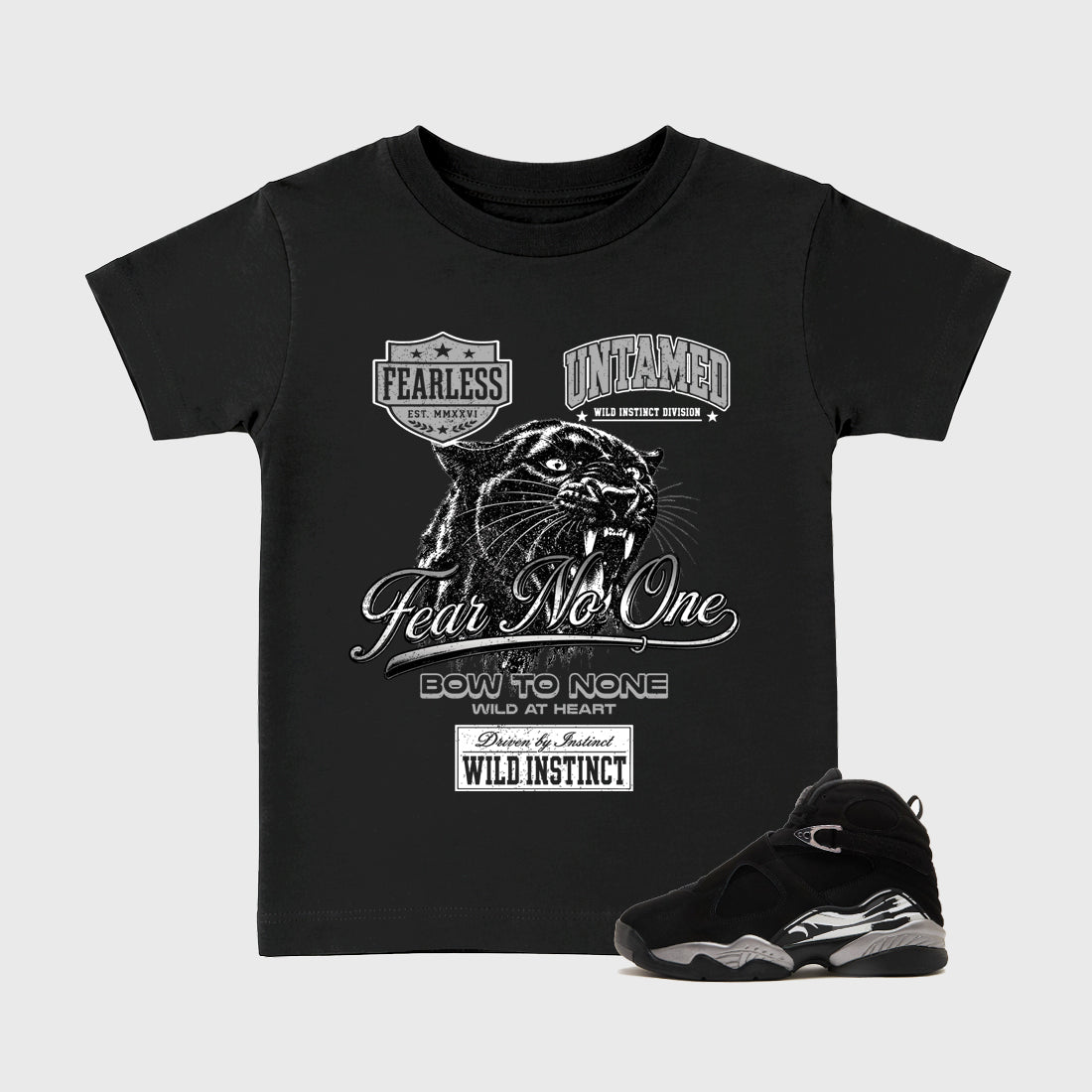 Wild Instinct Baby & Kids Graphic T-Shirt featuring original artwork designed to match the Air Jordan 8 Chrome. Black 1 Kids Graphic Tee.