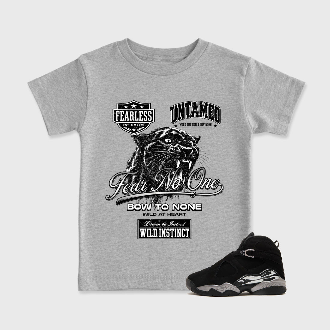 Wild Instinct Baby & Kids Graphic T-Shirt featuring original artwork designed to match the Air Jordan 8 Chrome. Heather Grey 1 Kids Graphic Tee.