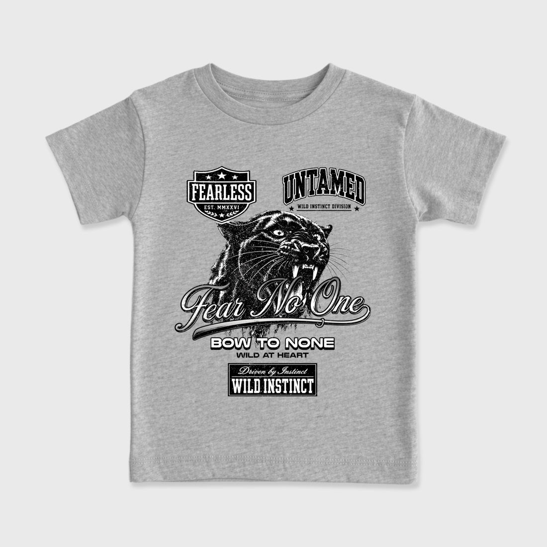 Wild Instinct Baby & Kids Graphic T-Shirt featuring original artwork designed to match the Air Jordan 8 Chrome. Heather Grey 2 Kids Graphic Tee.