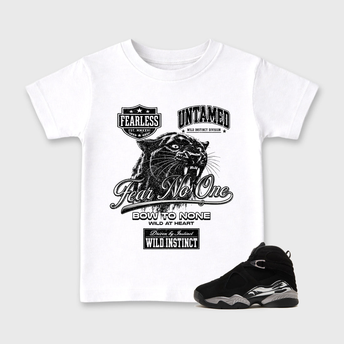 Wild Instinct Baby & Kids Graphic T-Shirt featuring original artwork designed to match the Air Jordan 8 Chrome. White 1 Kids Graphic Tee.