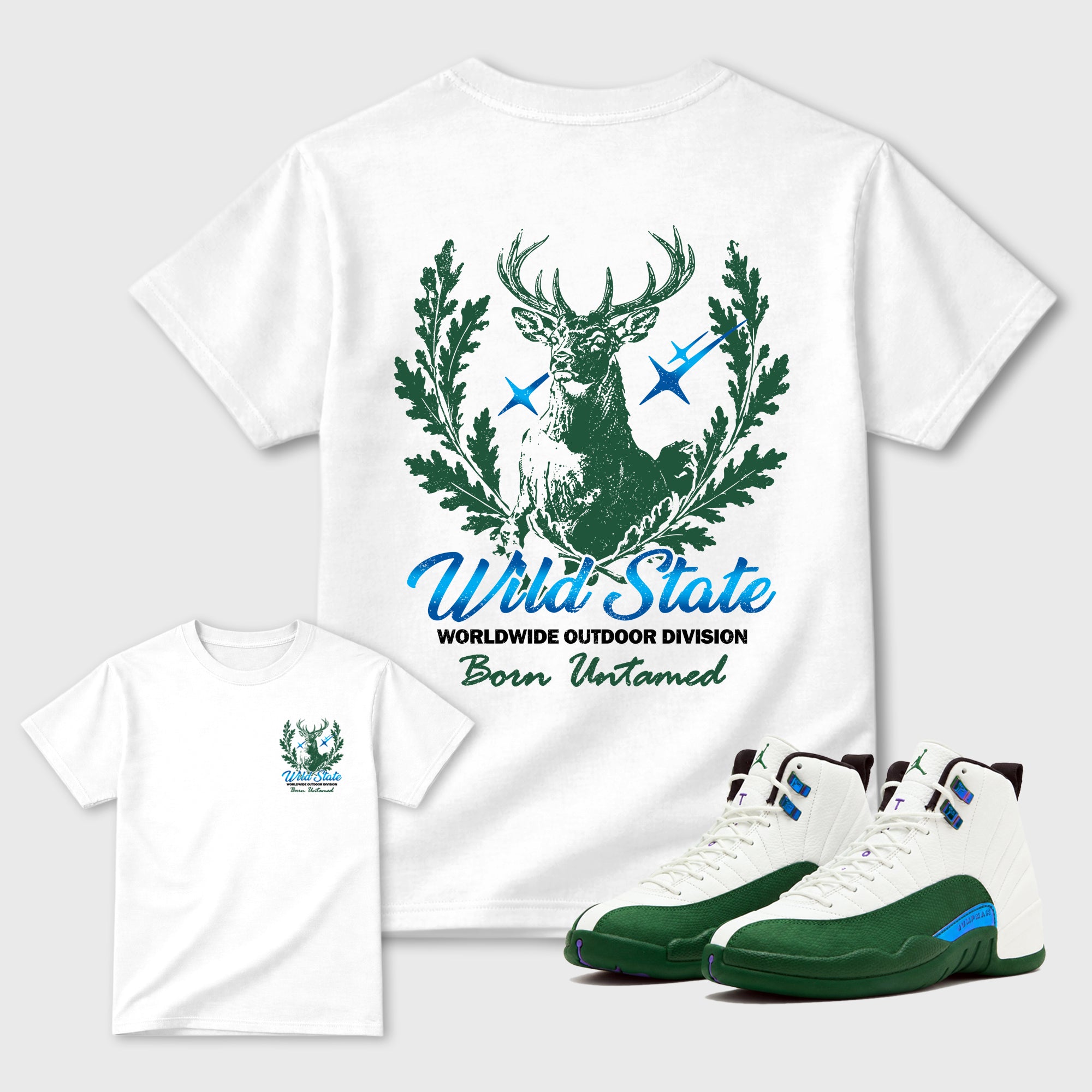 Wild State Graphic T-Shirt designed to match the Air Jordan 12 Summit White and Gorge Green sneakers, a sneaker matching shirt for a coordinated sneaker outfit.