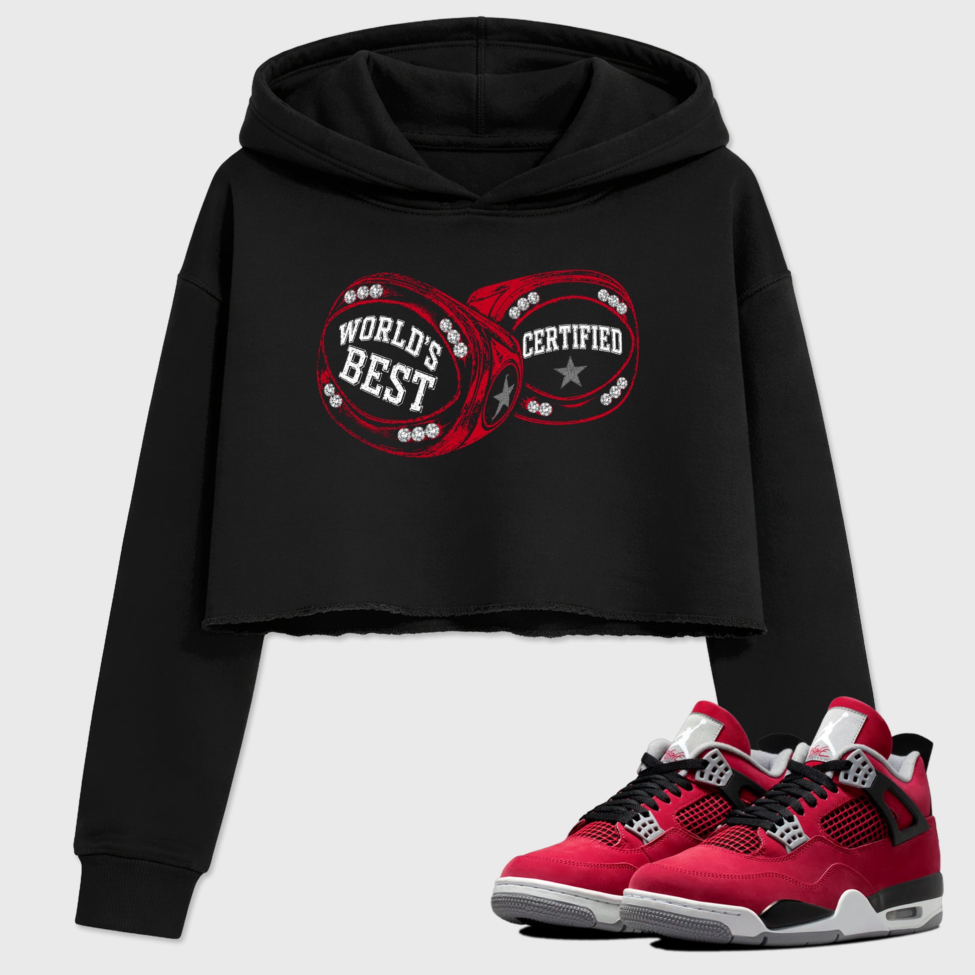 World's Best Certified women’s crop tee designed to match the Air Jordan 12 Retro Bloodline, featuring coordinated Black 1 options for a perfect streetwear vibe.