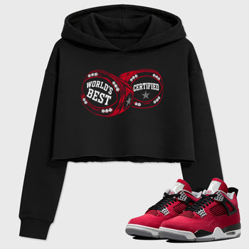World's Best Certified women’s crop tee designed to match the Air Jordan 12 Retro Bloodline, featuring coordinated Black 1 options for a perfect streetwear vibe.