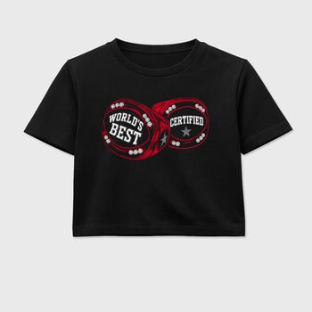 World's Best Certified women’s crop tee designed to match the Air Jordan 12 Retro Bloodline, featuring coordinated Black 2 options for a perfect streetwear vibe.